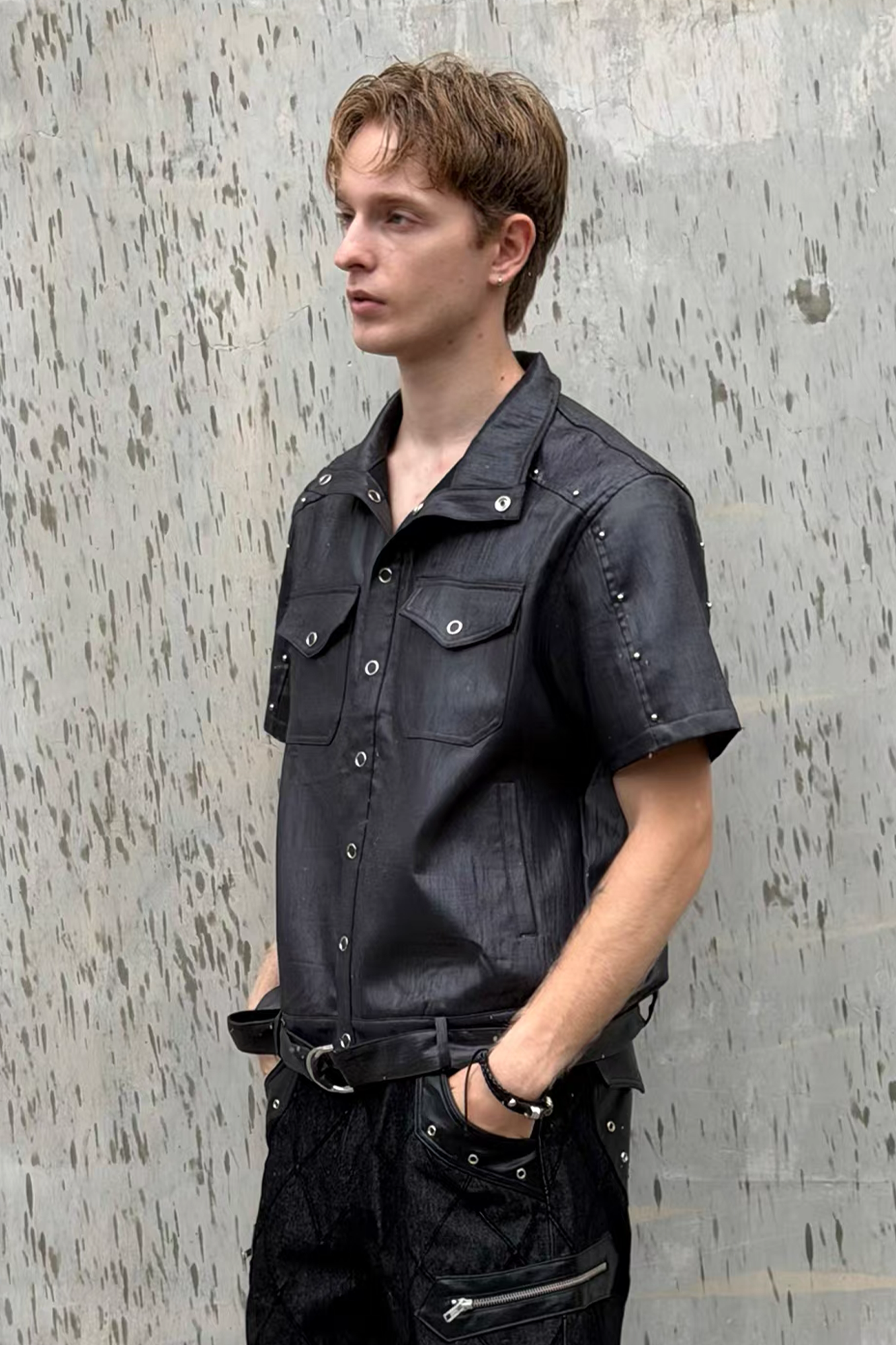 ESAIAS Studded Waxed Linen Belted Half Shirt