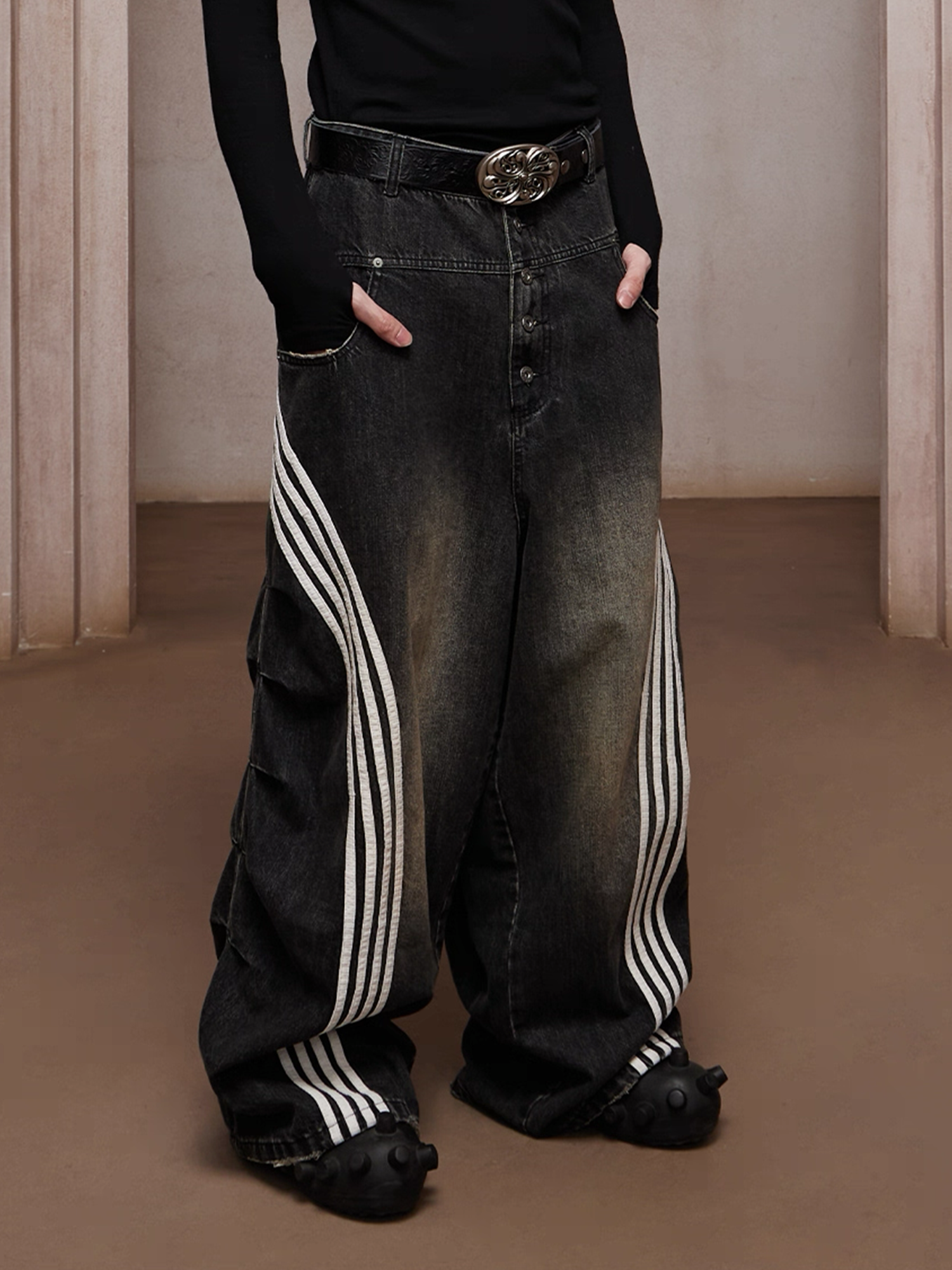 DND4DES Washed Ruched Striped Baggy Jeans