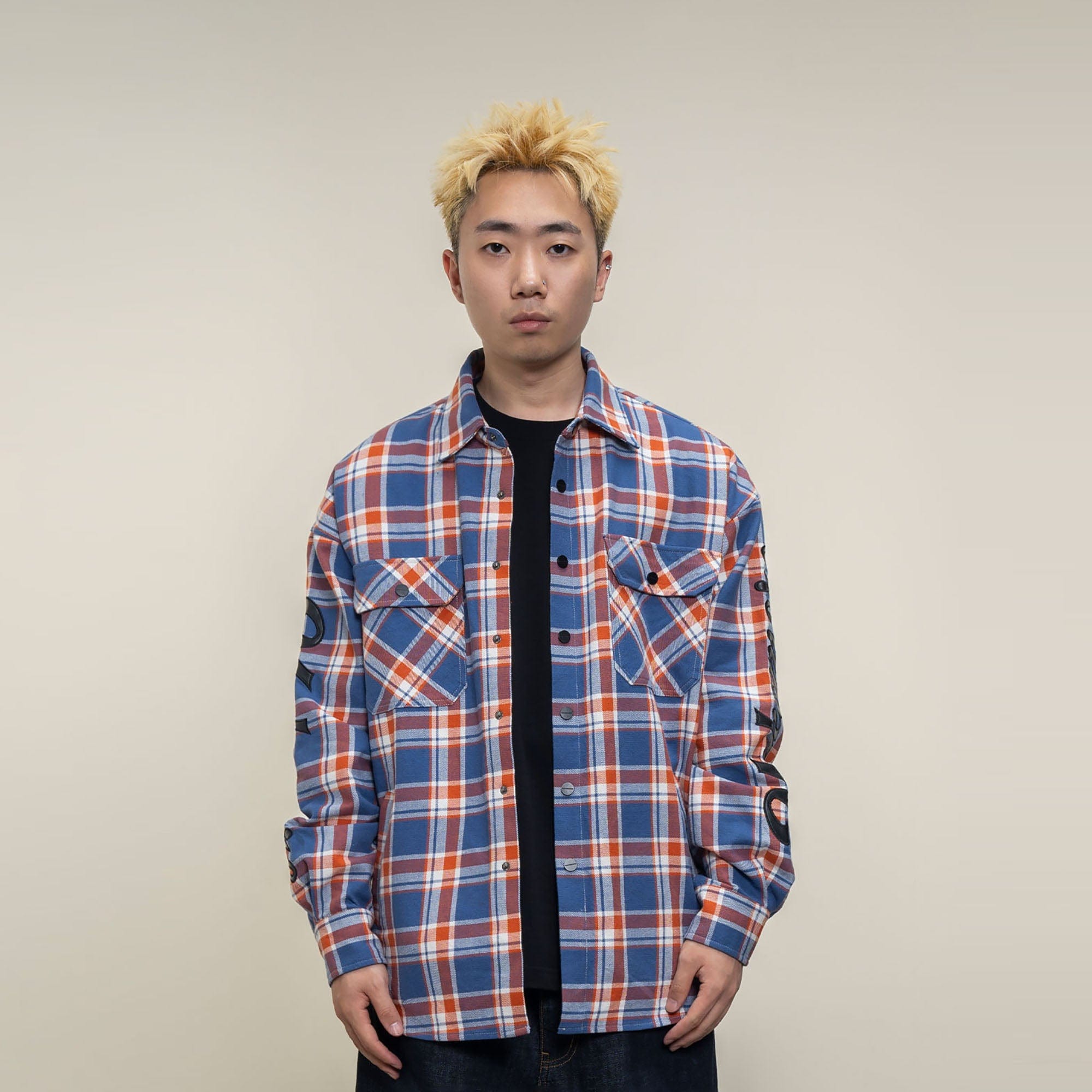 MAKEMORE Flap Pocket Plaid LOGO Patch Shirt, premium urban and streetwear designers apparel on PROJECTISR.com, MAKEMORE