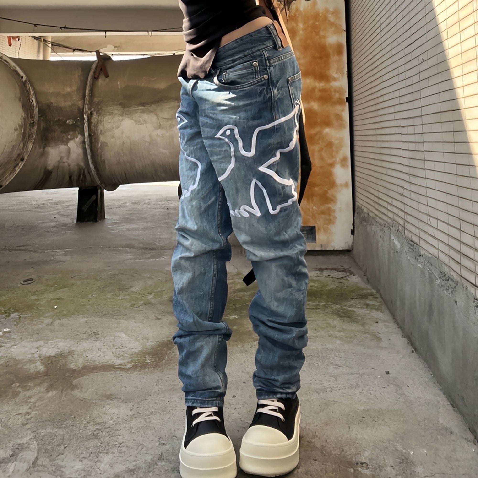 VINKID Dove Embroidered Distressed Stacked Jeans, premium urban and streetwear designers apparel on PROJECTISR.com, VINKID