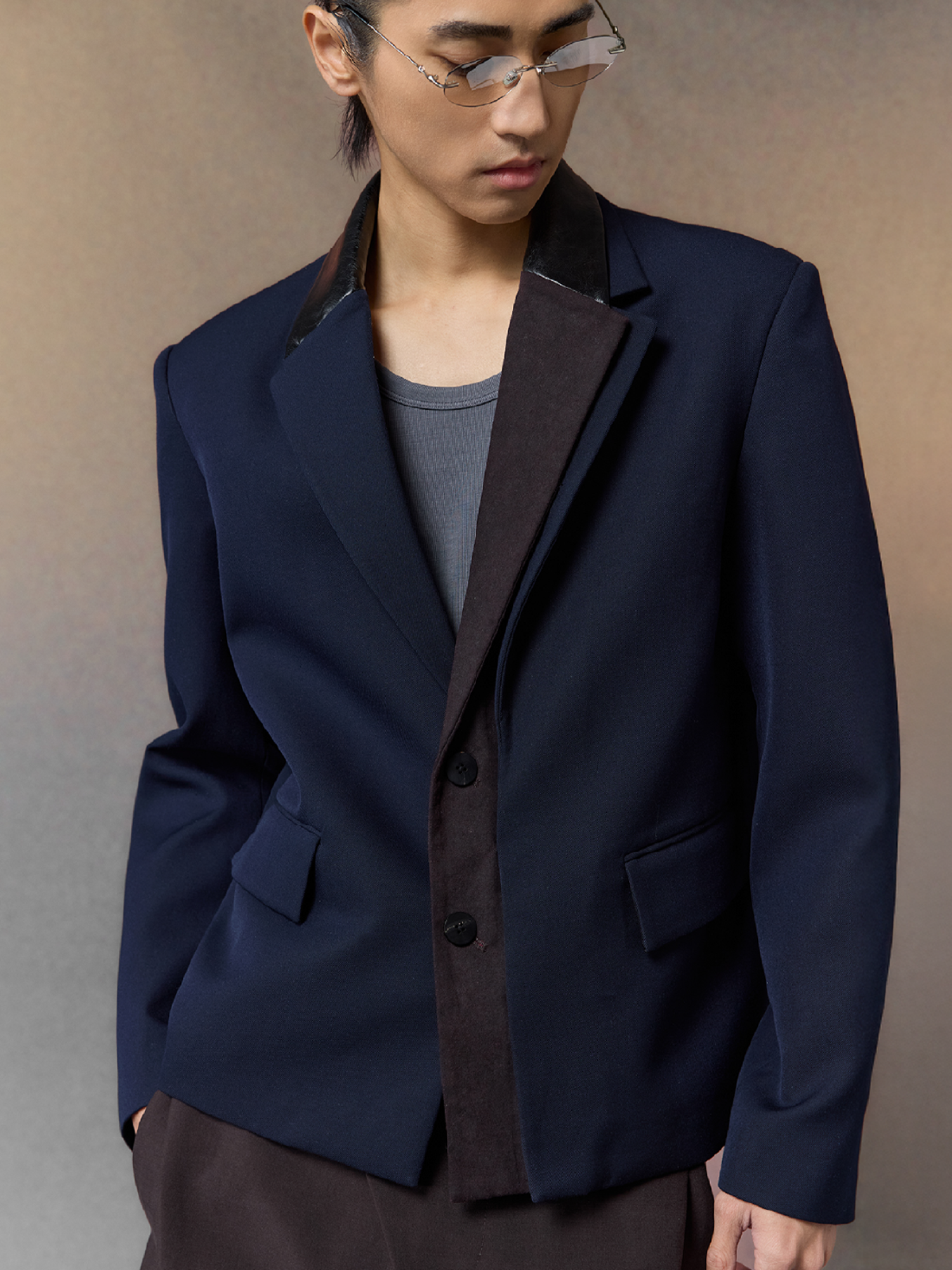 ALVNG AR ANTS Contrast PU-Panel Layered-Placket Blazer, premium urban and streetwear designers apparel on PROJECTISR.com, ALVNG AR ANTS