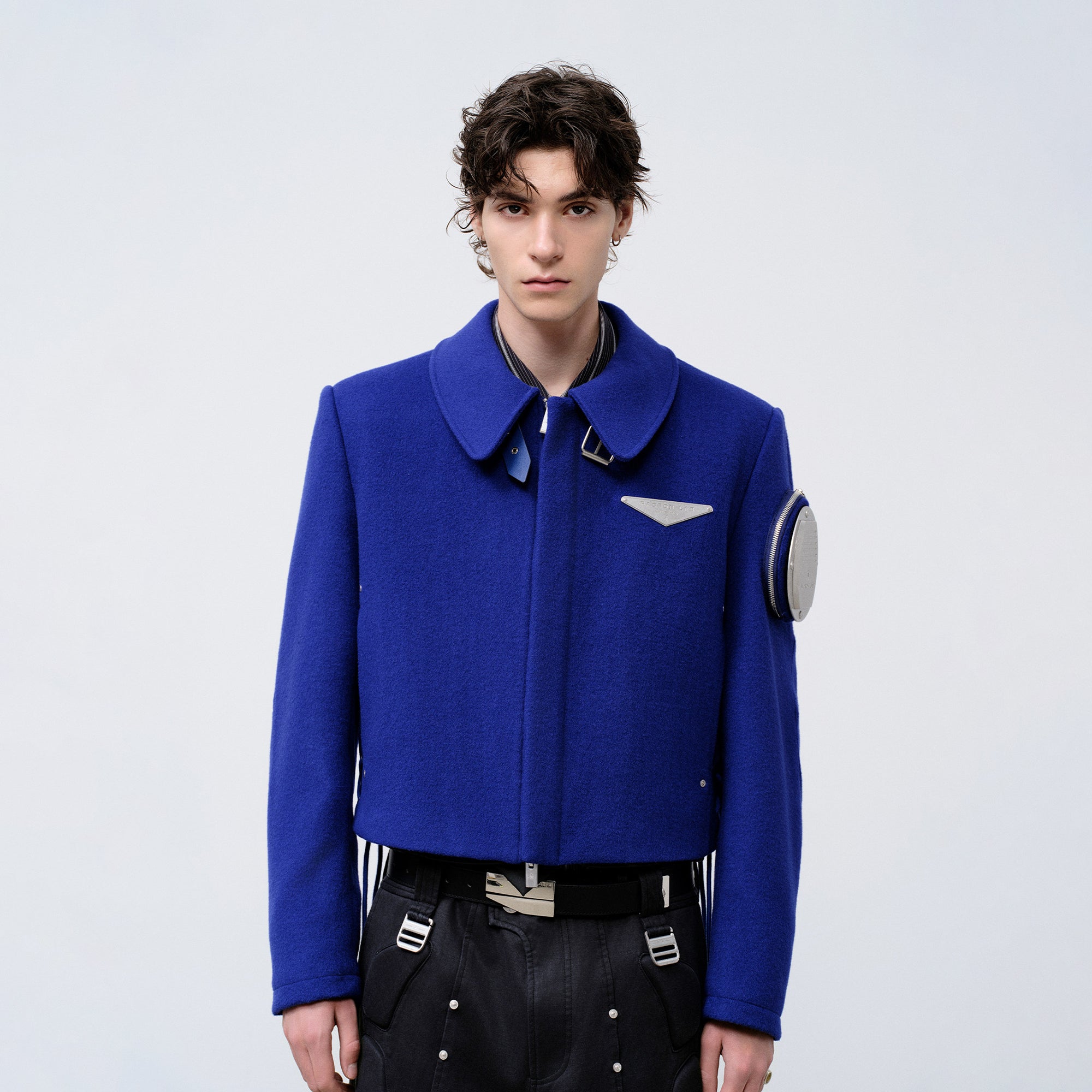 FACEONLAB Arm-Patched Cropped Naval Jacket Blue, premium urban and streetwear designers apparel on PROJECTISR.com, FACEONLAB