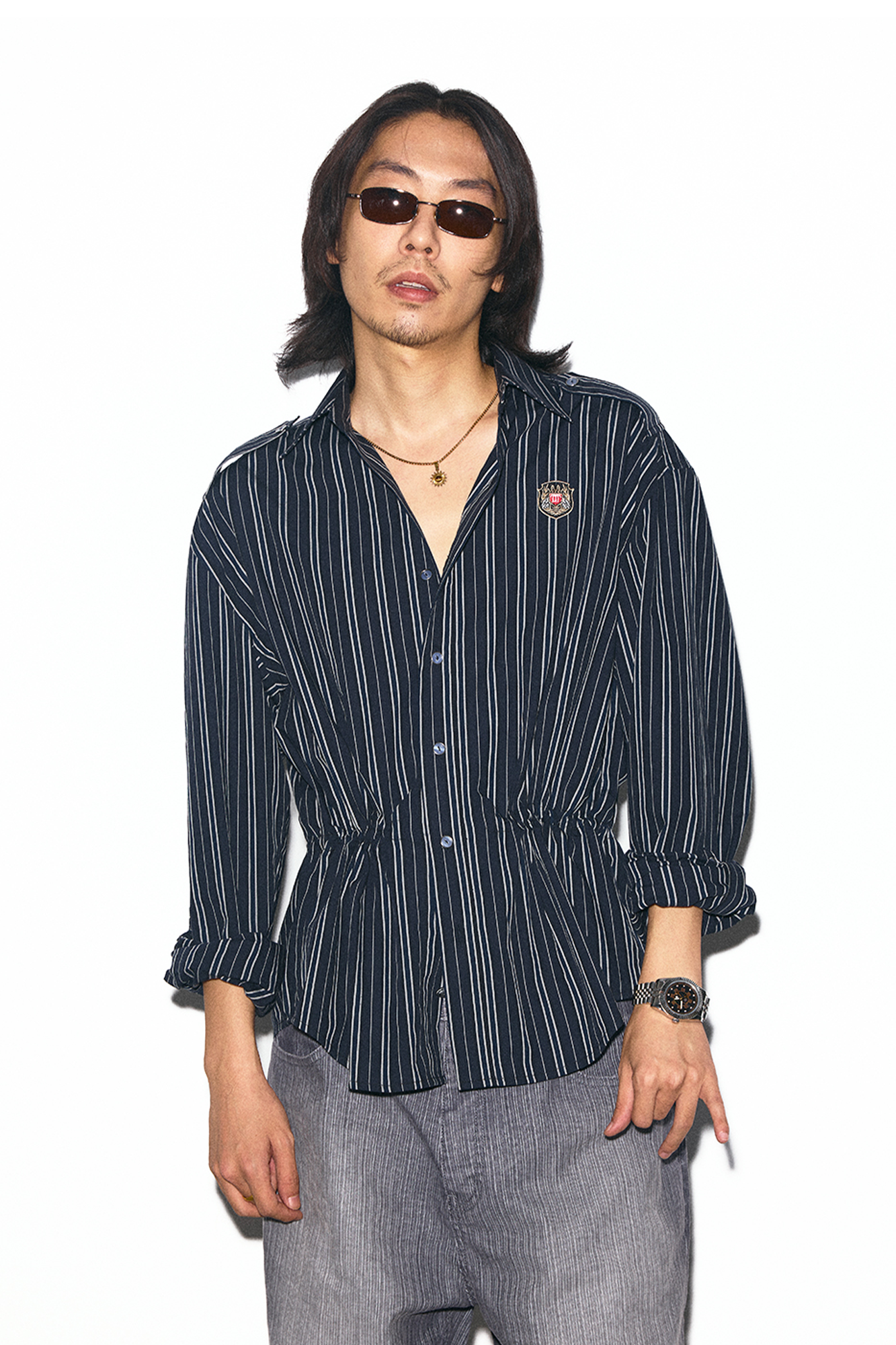 TRECLUB Striped Embroidered Drawstring-Waist Shirt