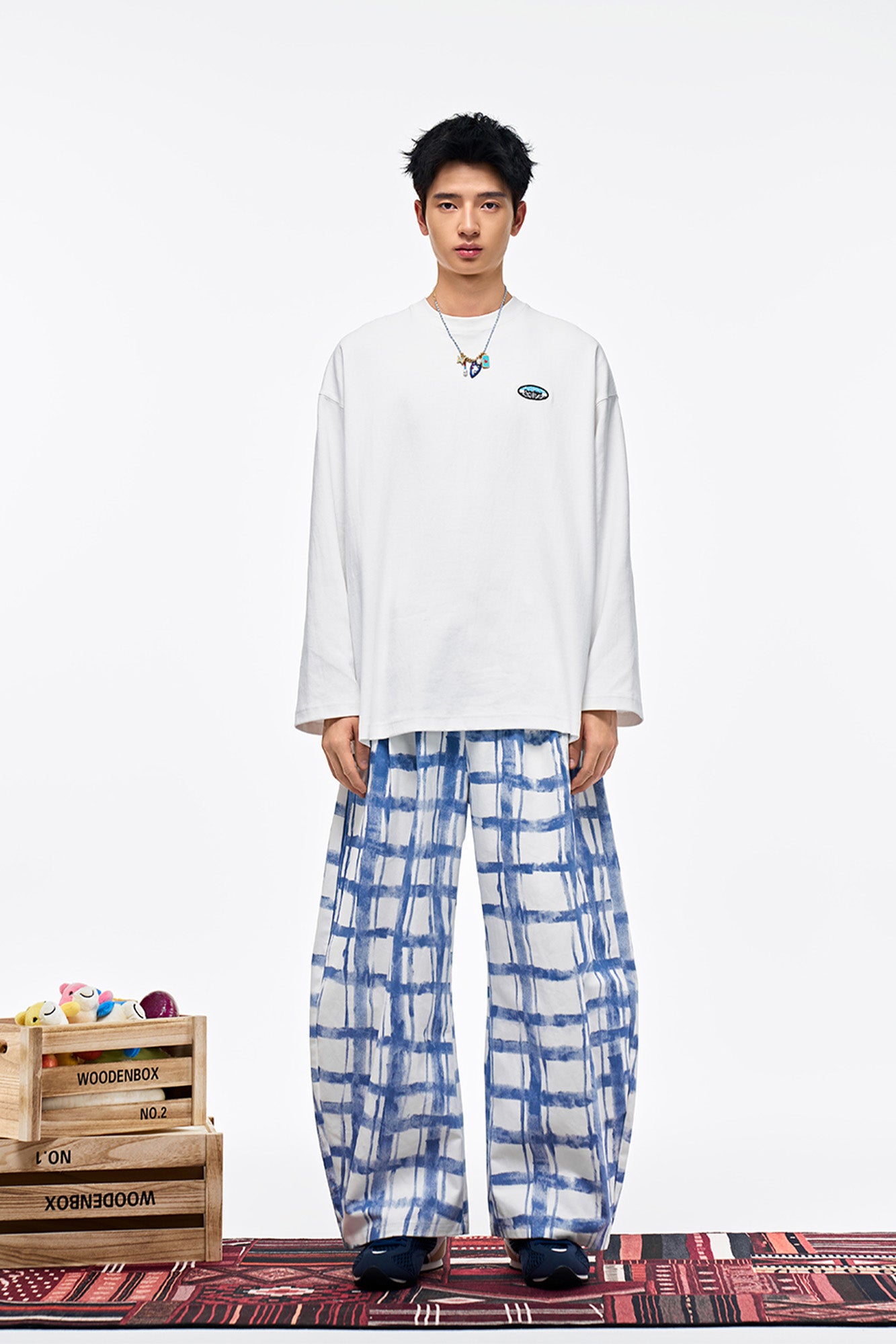 OVERLAPS Brush-Paint Grid Wide-Leg Pants, premium urban and streetwear designers apparel on PROJECTISR.com, OVERLAPS