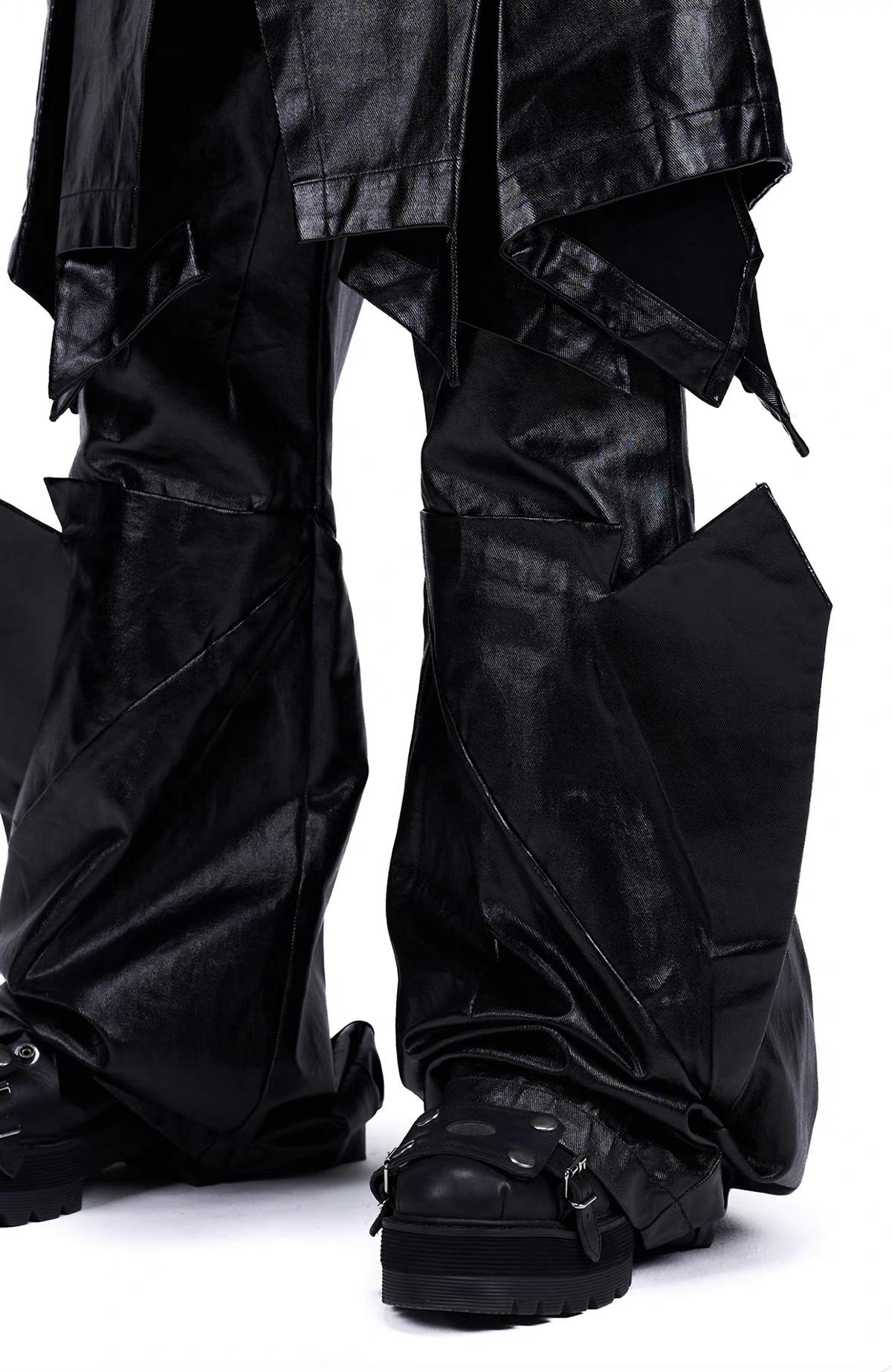 VANGUARDIA Deconstructed Layered Coated Denim Flared Pants