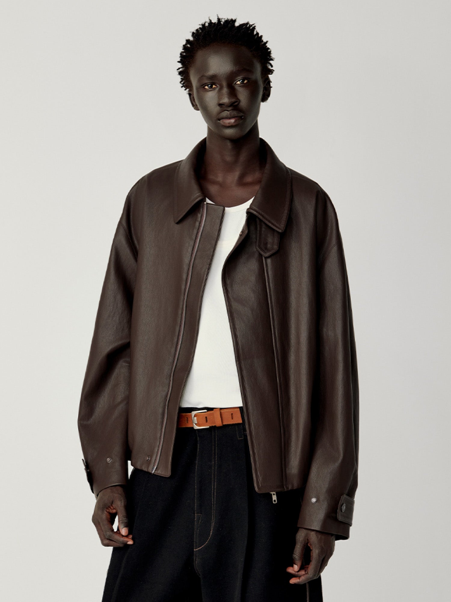 OPICLOTH Soft-Tanned Drawstring Faux Leather Jacket