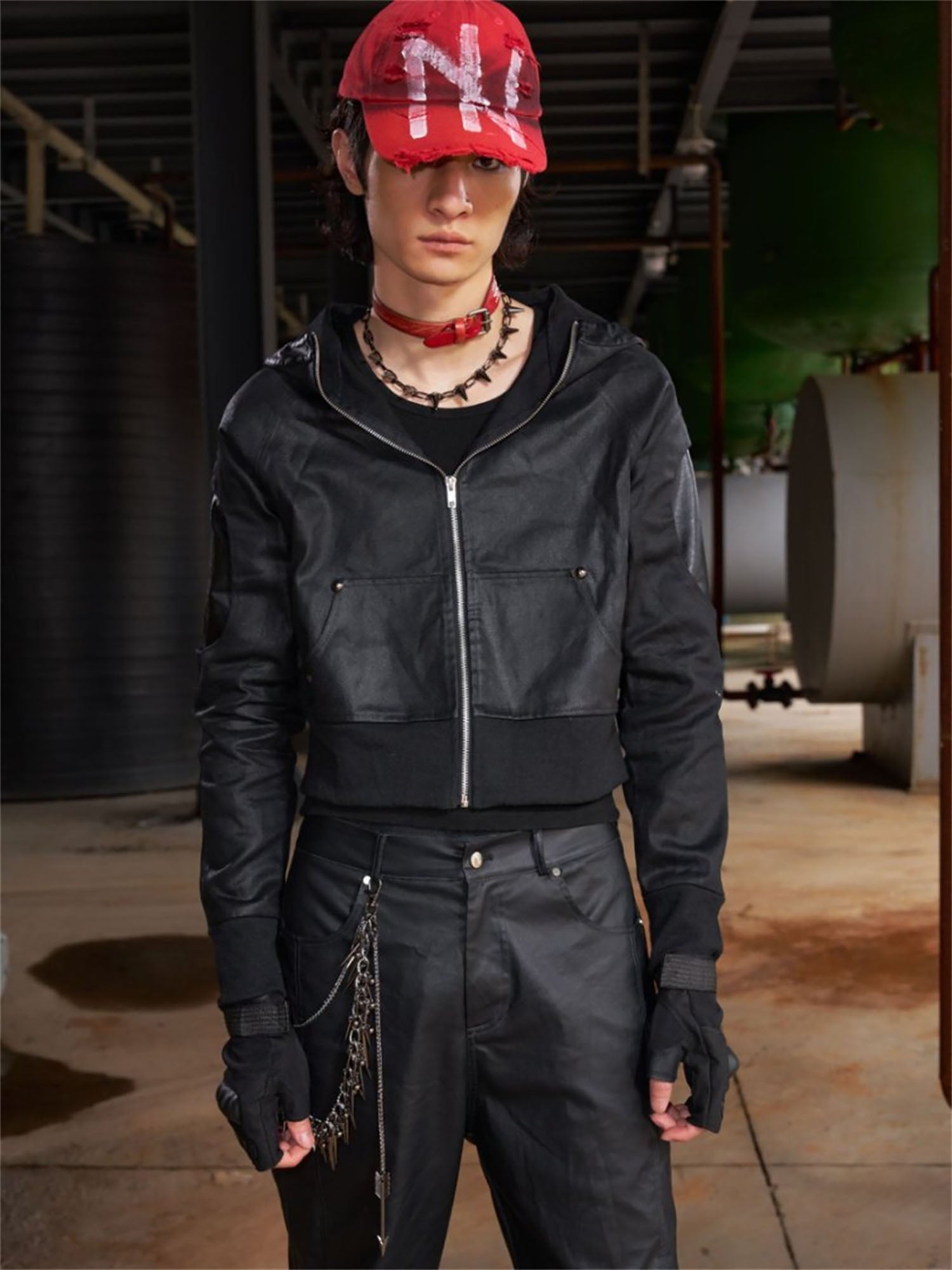 RECOVER ZONE Distressed Rivet PU Cropped Jacket