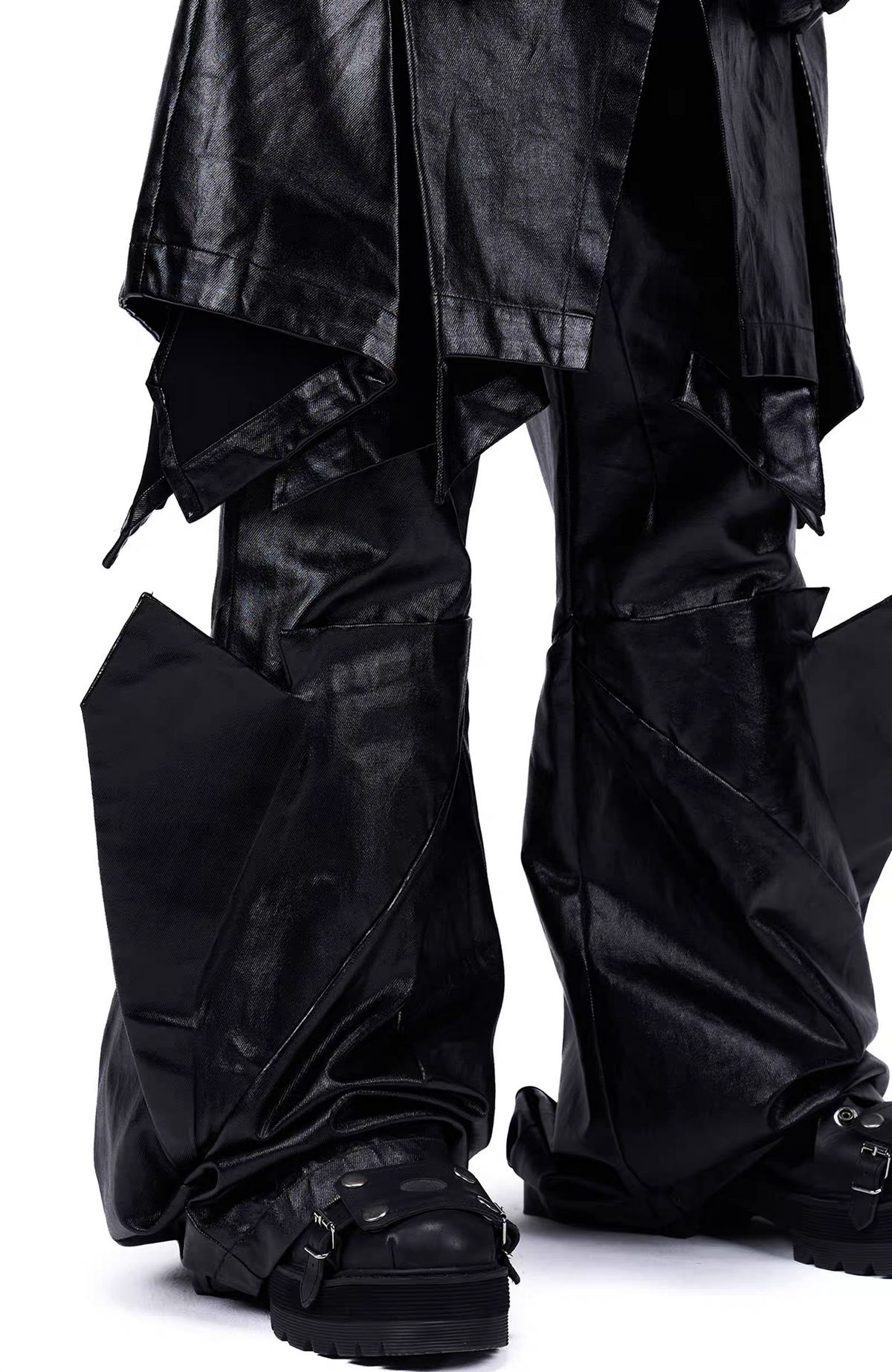 VANGUARDIA Deconstructed Layered Coated Denim Flared Pants