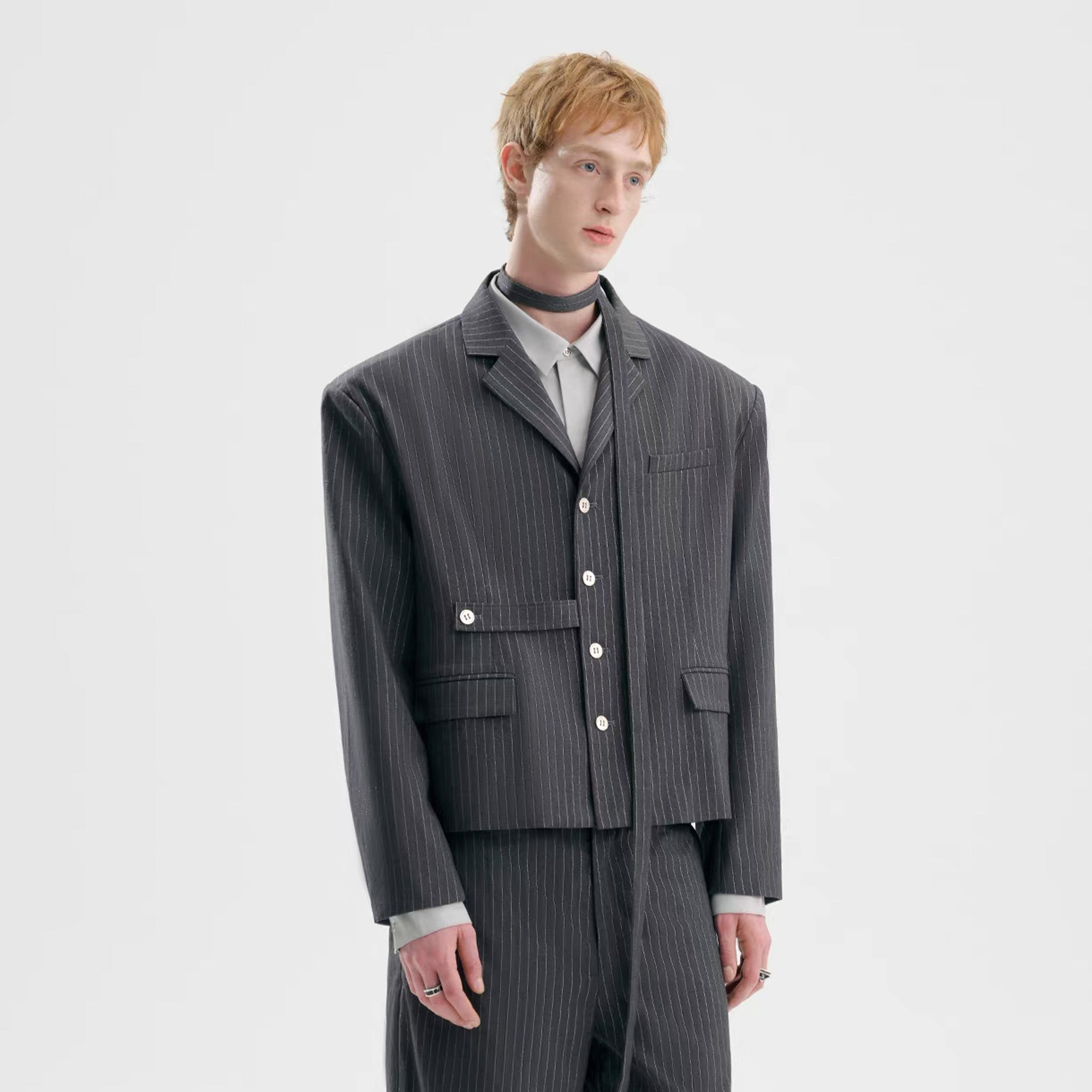 TIWILLTANG Cropped Pinstripe Strap Blazer, premium urban and streetwear designers apparel on PROJECTISR.com, TIWILLTANG