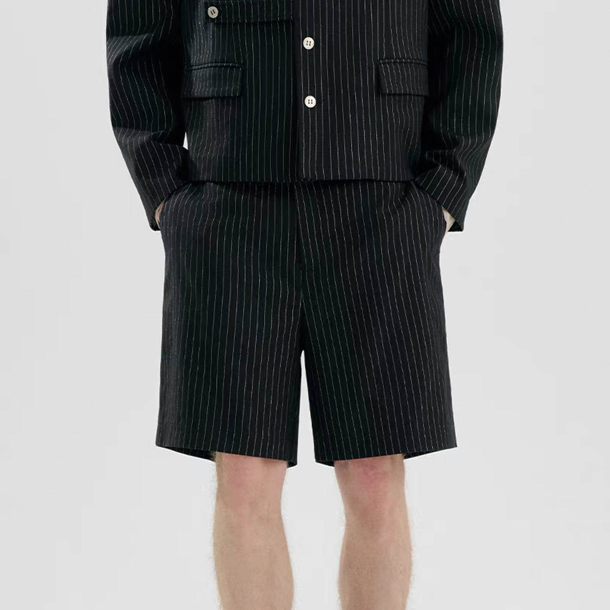 TIWILLTANG Straight-Leg Pinstripe Knee-Length Shorts, premium urban and streetwear designers apparel on PROJECTISR.com, TIWILLTANG