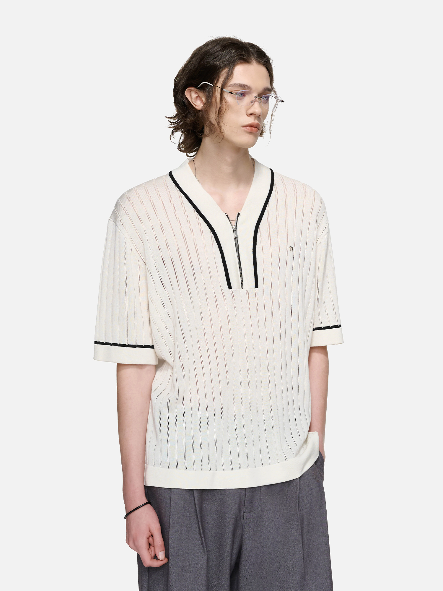 TIWILLTANG Openwork Contrast Trim Zip-Neck Knitted T Shirt