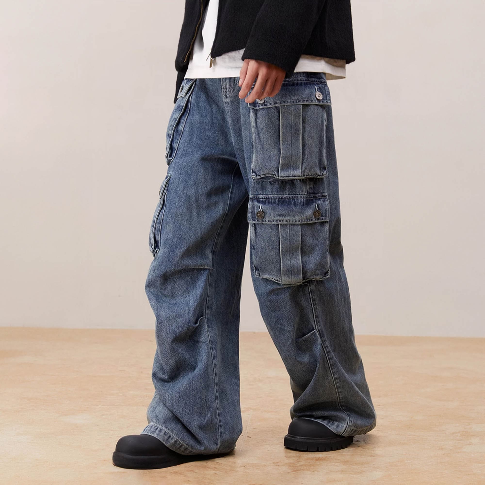 KREATE Multi-Pocket Pleated Denim Cargo Pants