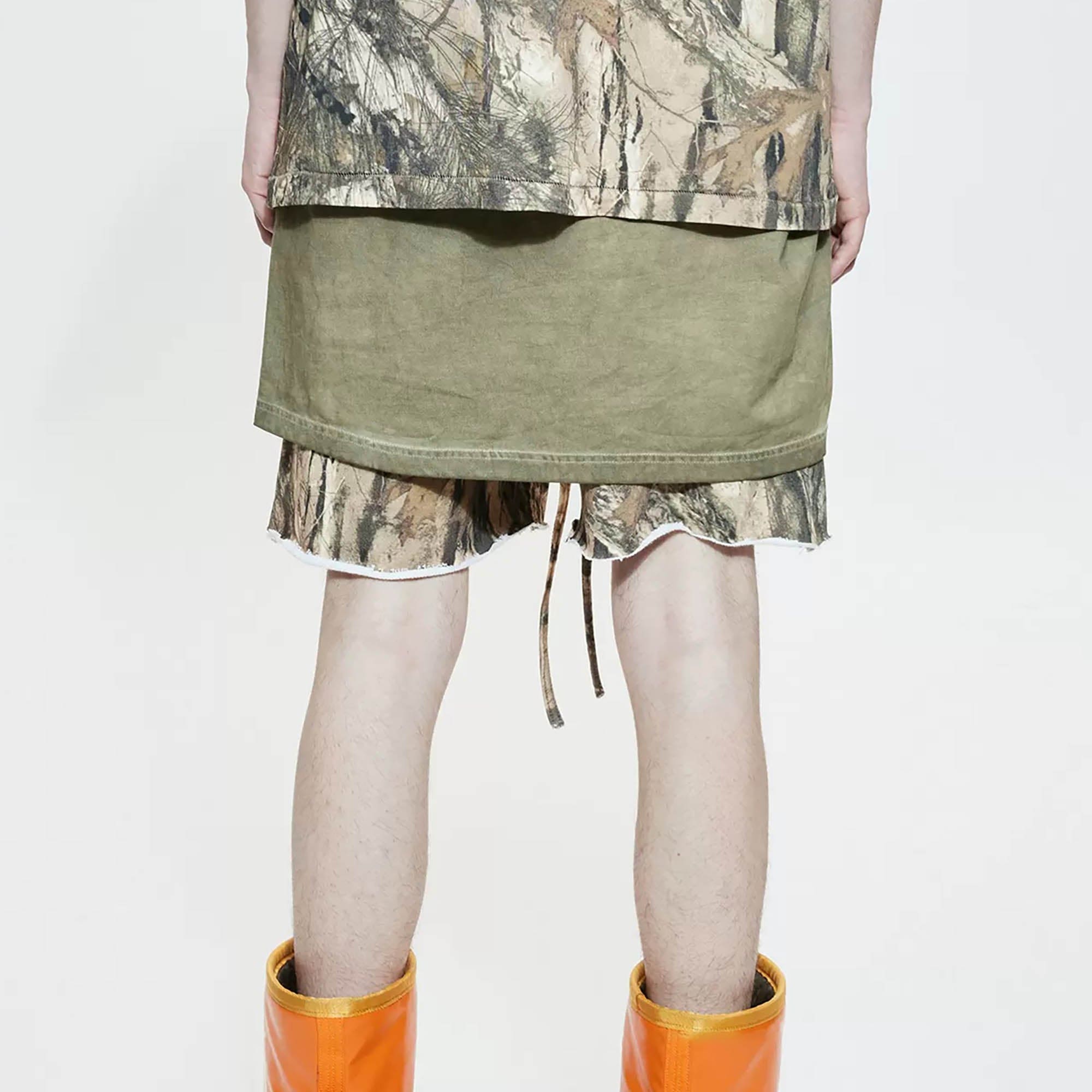 LIFEGOESON Forest Camo Spliced Raw Edge Shorts