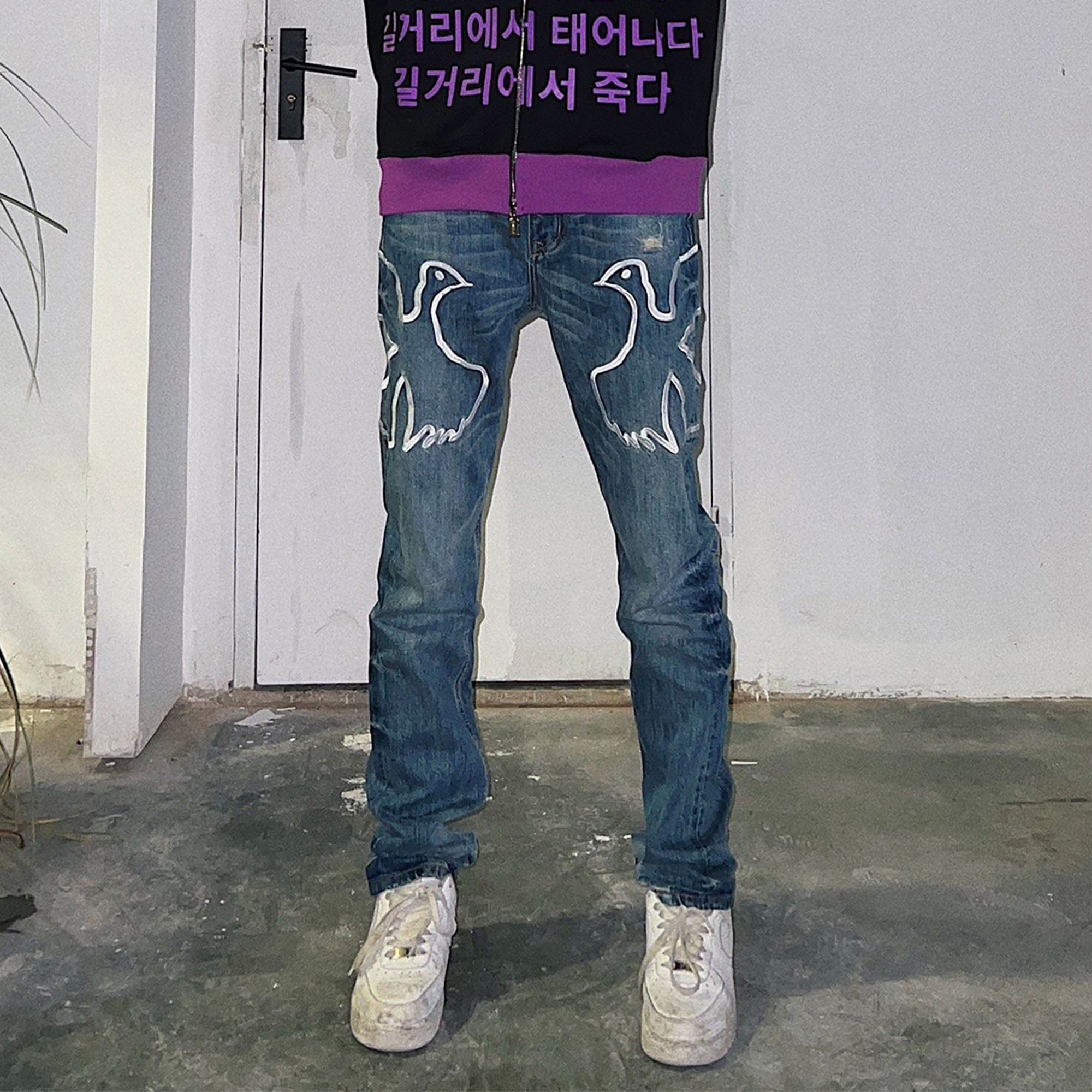 VINKID Dove Embroidered Distressed Stacked Jeans, premium urban and streetwear designers apparel on PROJECTISR.com, VINKID