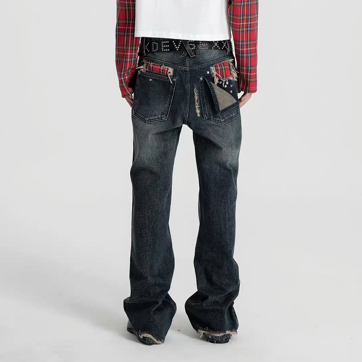 SEXXDEVIL Plaid Patch Distressed Rivet Washed Flared Jeans