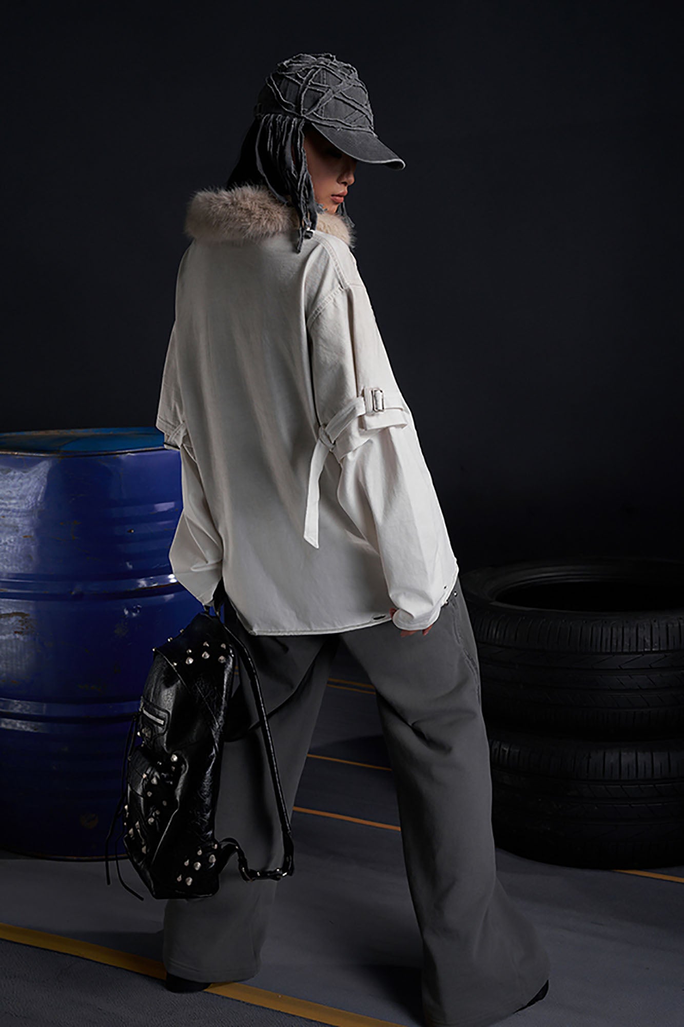 RECOVER ZONE Detachable Faux Fur Collar Long Sleeve Shirt