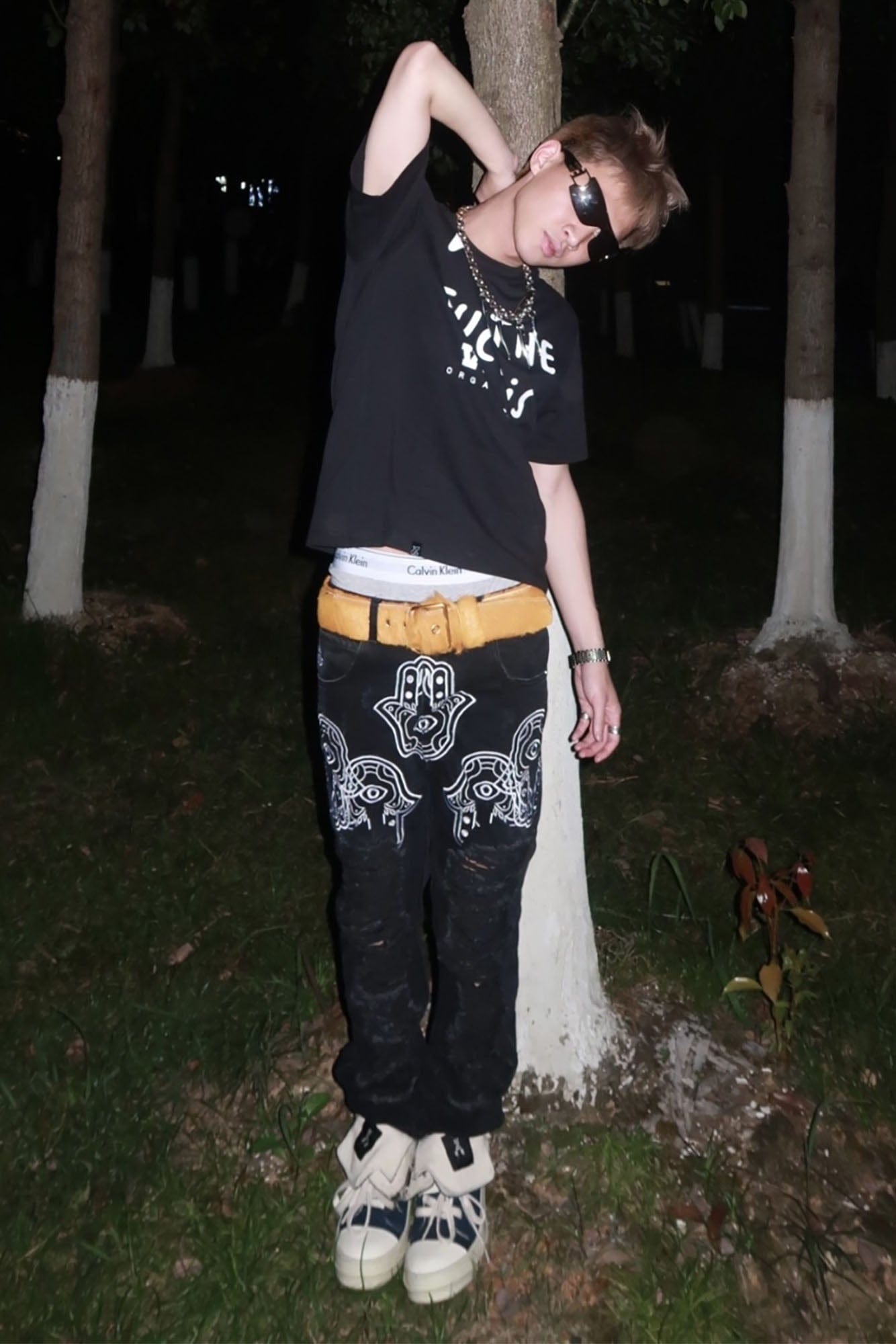 VINKID Hamsa Embroidered Double-Layer Ripped Stacked Jeans, premium urban and streetwear designers apparel on PROJECTISR.com, VINKID