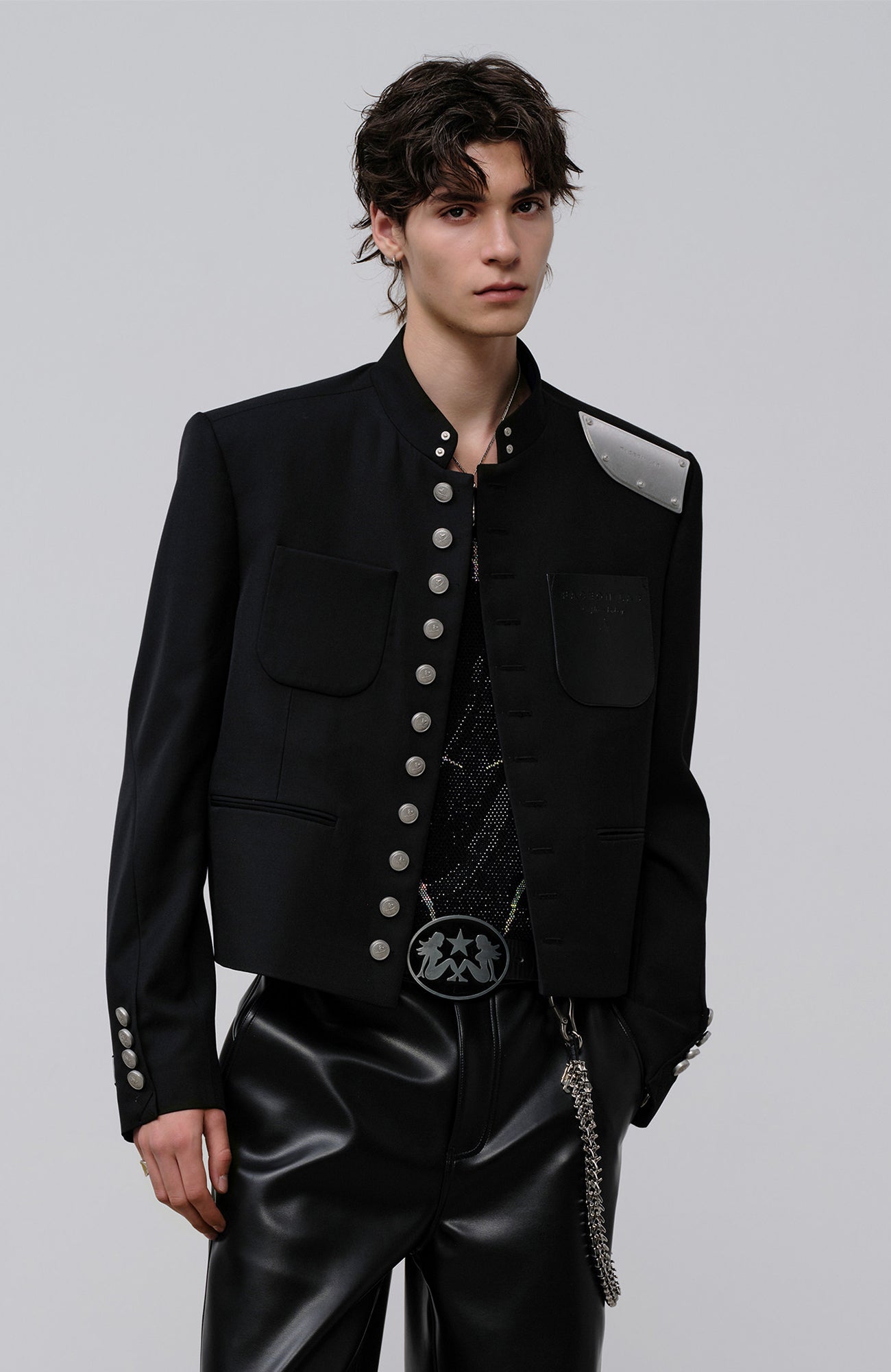 FACEONLAB Stand-Collar Metal-Shoulder Blazer Black, premium urban and streetwear designers apparel on PROJECTISR.com, FACEONLAB