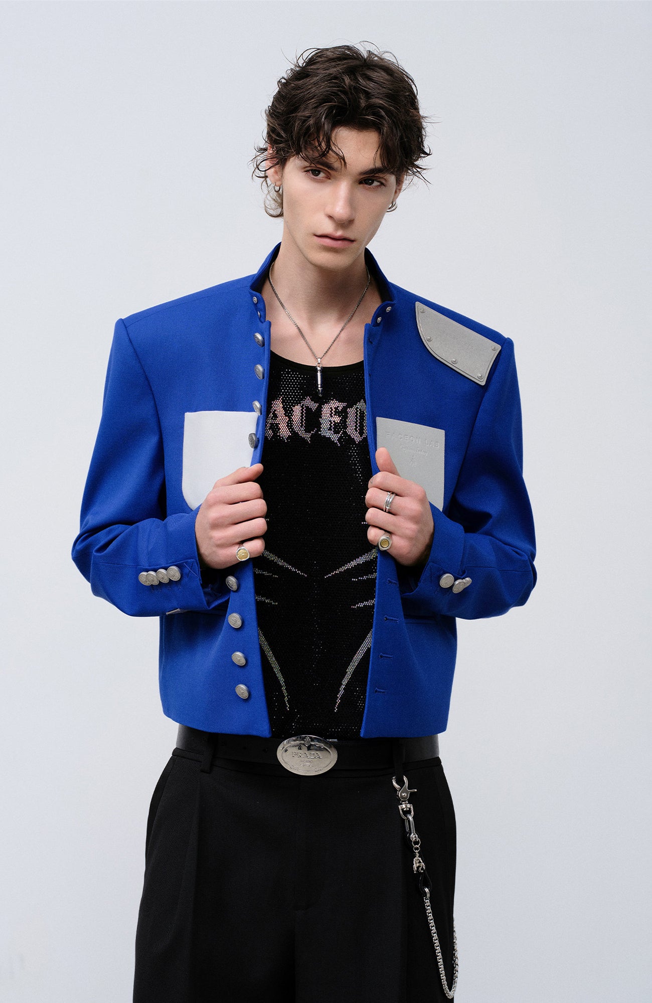FACEONLAB Stand-Collar Metal-Shoulder Blazer Blue, premium urban and streetwear designers apparel on PROJECTISR.com, FACEONLAB