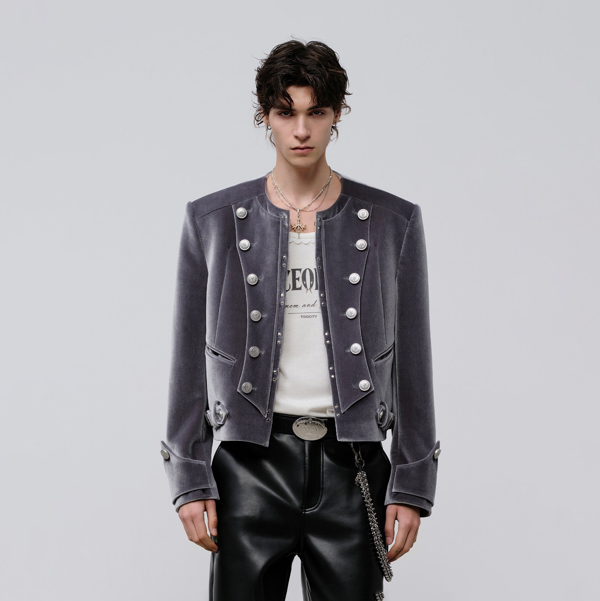 FACEONLAB Velvet Operatic Cropped Jacket Gray, premium urban and streetwear designers apparel on PROJECTISR.com, FACEONLAB