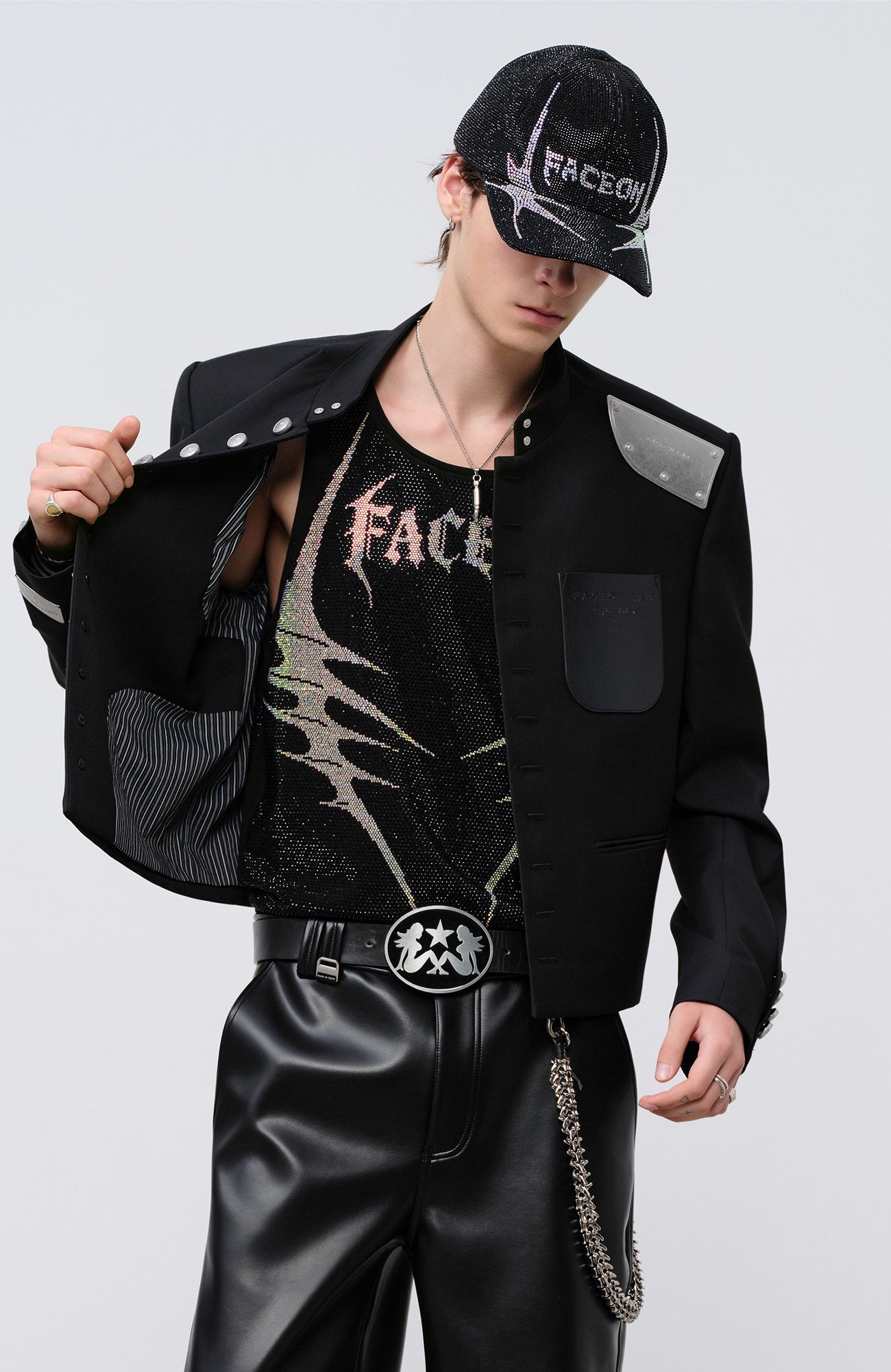 FACEONLAB Stand-Collar Metal-Shoulder Blazer Black, premium urban and streetwear designers apparel on PROJECTISR.com, FACEONLAB