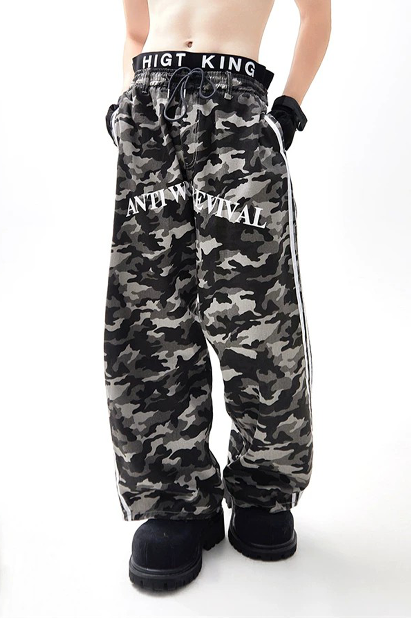 ANTI WAR REVIVAL Camo Spliced Embroidered Badge Wide-Leg Pants