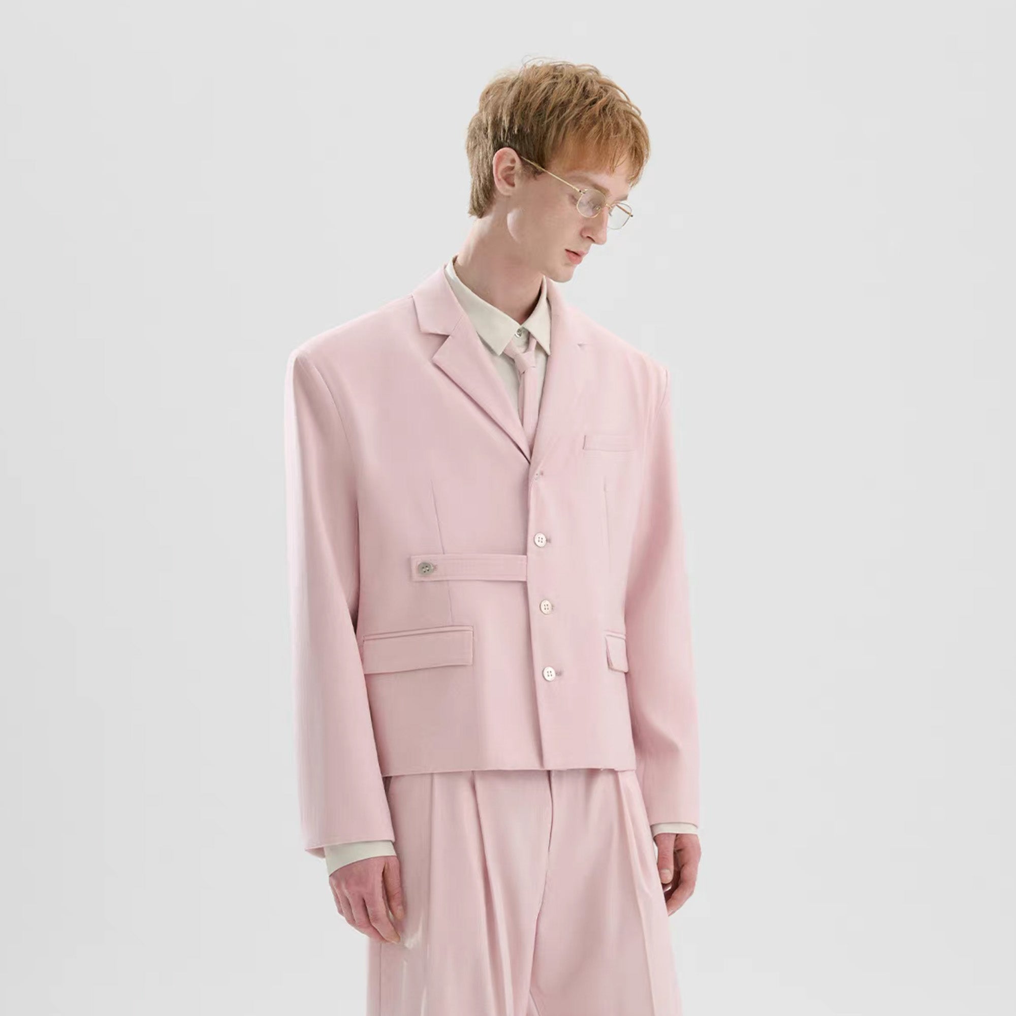 TIWILLTANG Cropped Pinstripe Strap Blazer White/Pink, premium urban and streetwear designers apparel on PROJECTISR.com, TIWILLTANG
