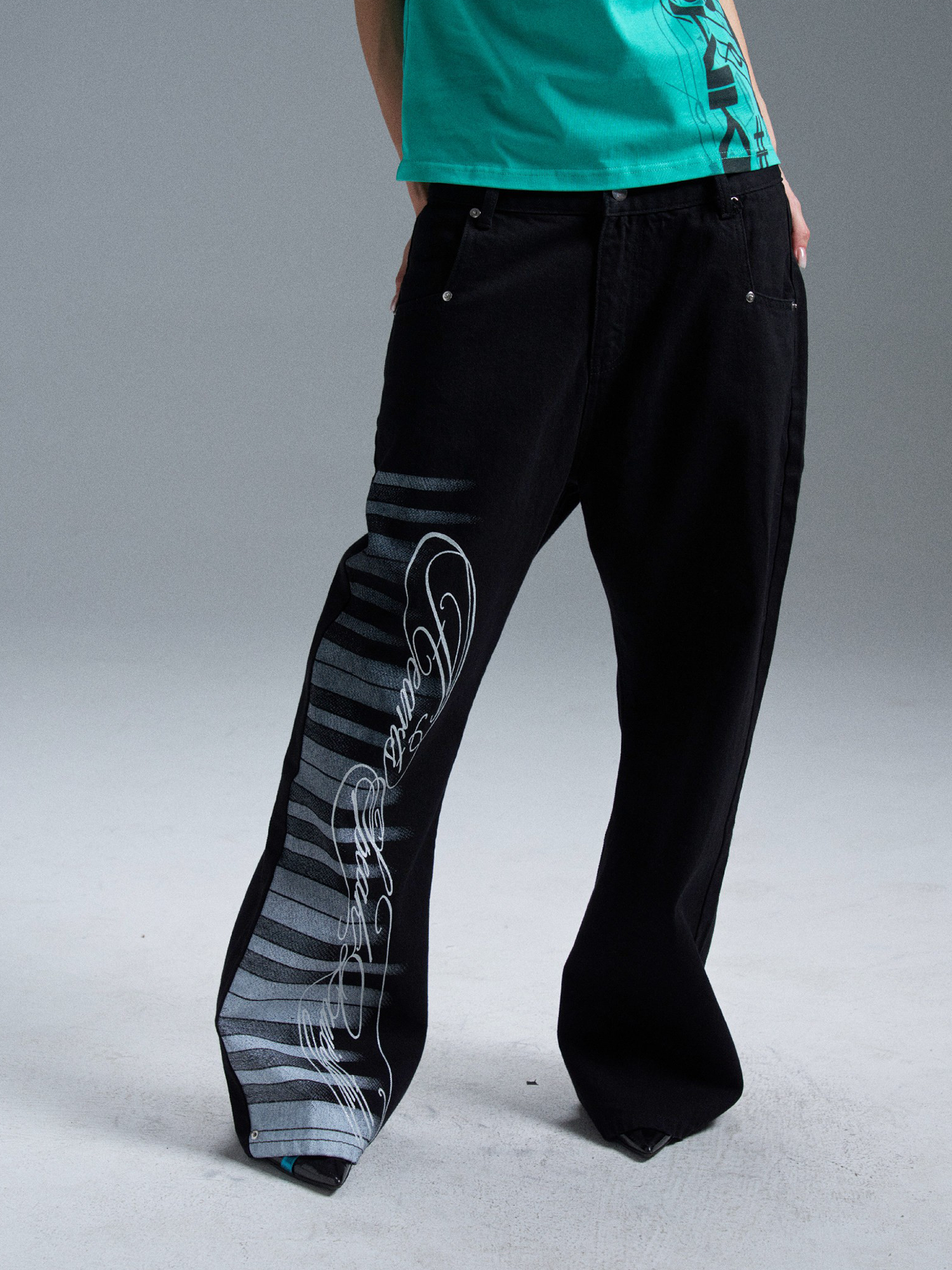 PAIKI Piano Key Script Foil Flared Jeans