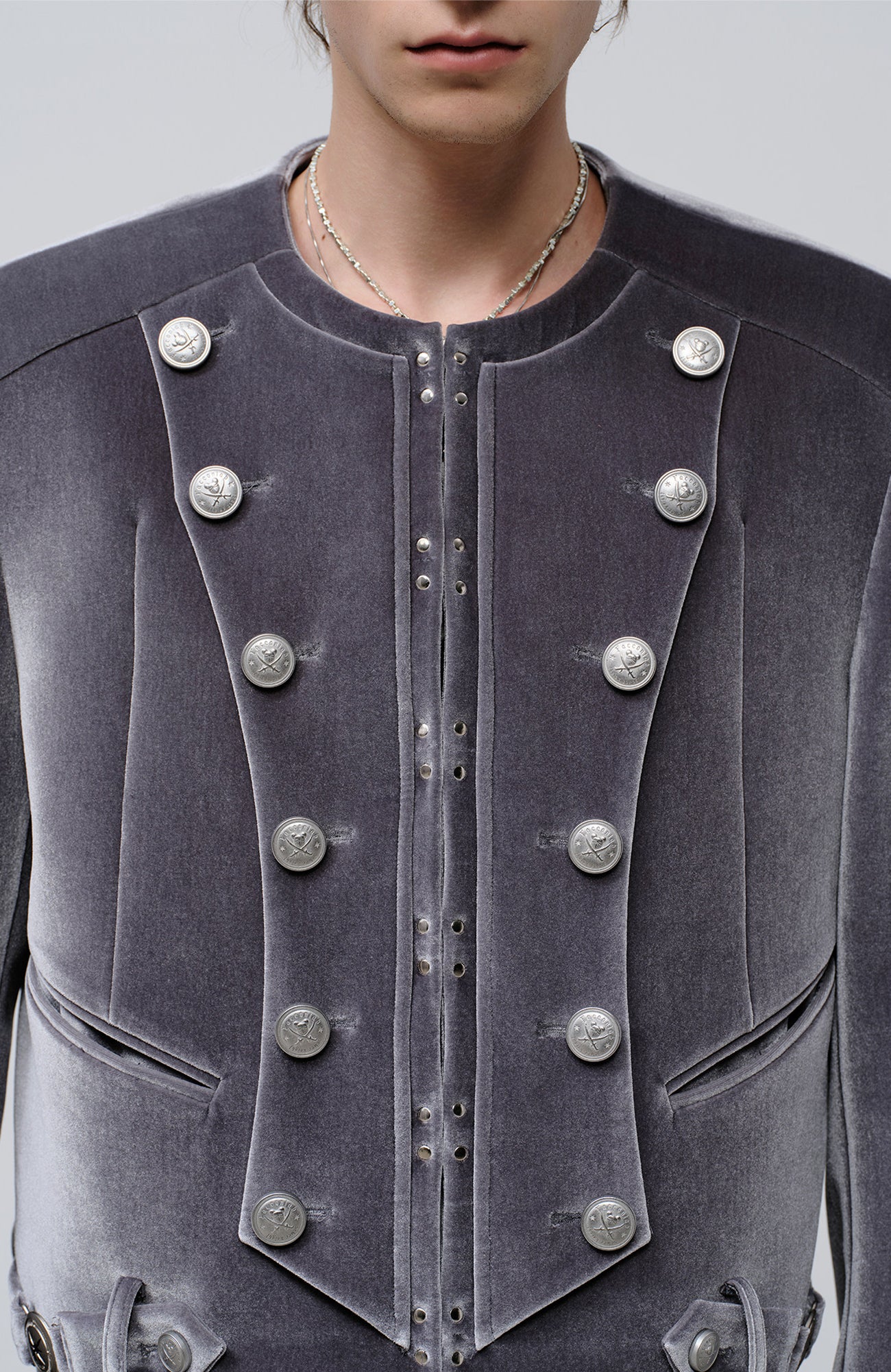 FACEONLAB Velvet Operatic Cropped Jacket Gray, premium urban and streetwear designers apparel on PROJECTISR.com, FACEONLAB