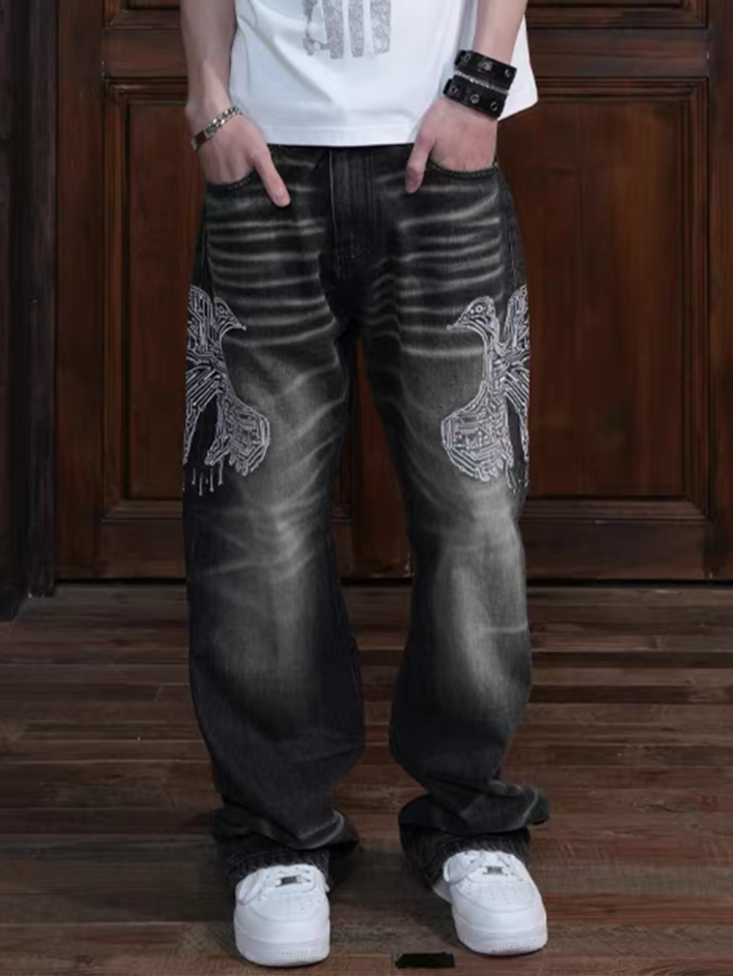VINKID Faded Pigeon Embroidered Jeans
