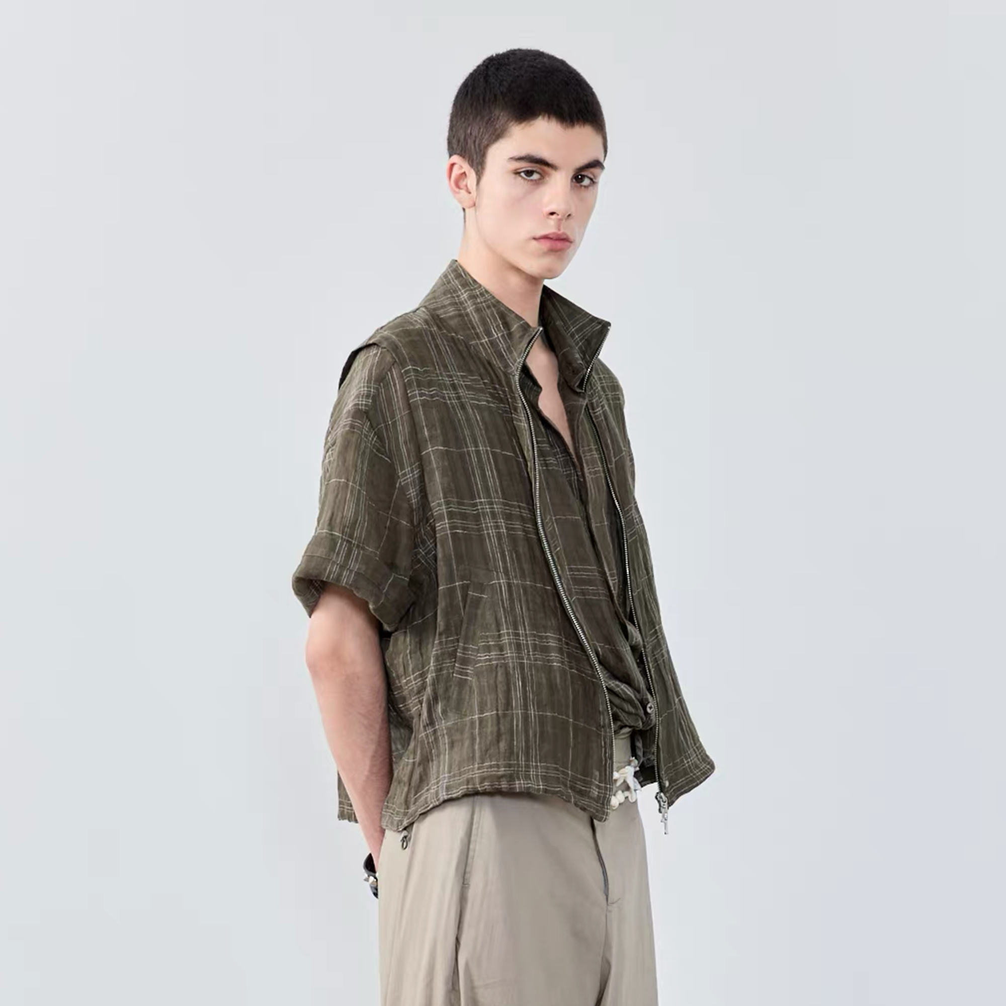 GRAINMUSTARD Linen-Cotton Plaid Vest, premium urban and streetwear designers apparel on PROJECTISR.com, GRAINMUSTARD