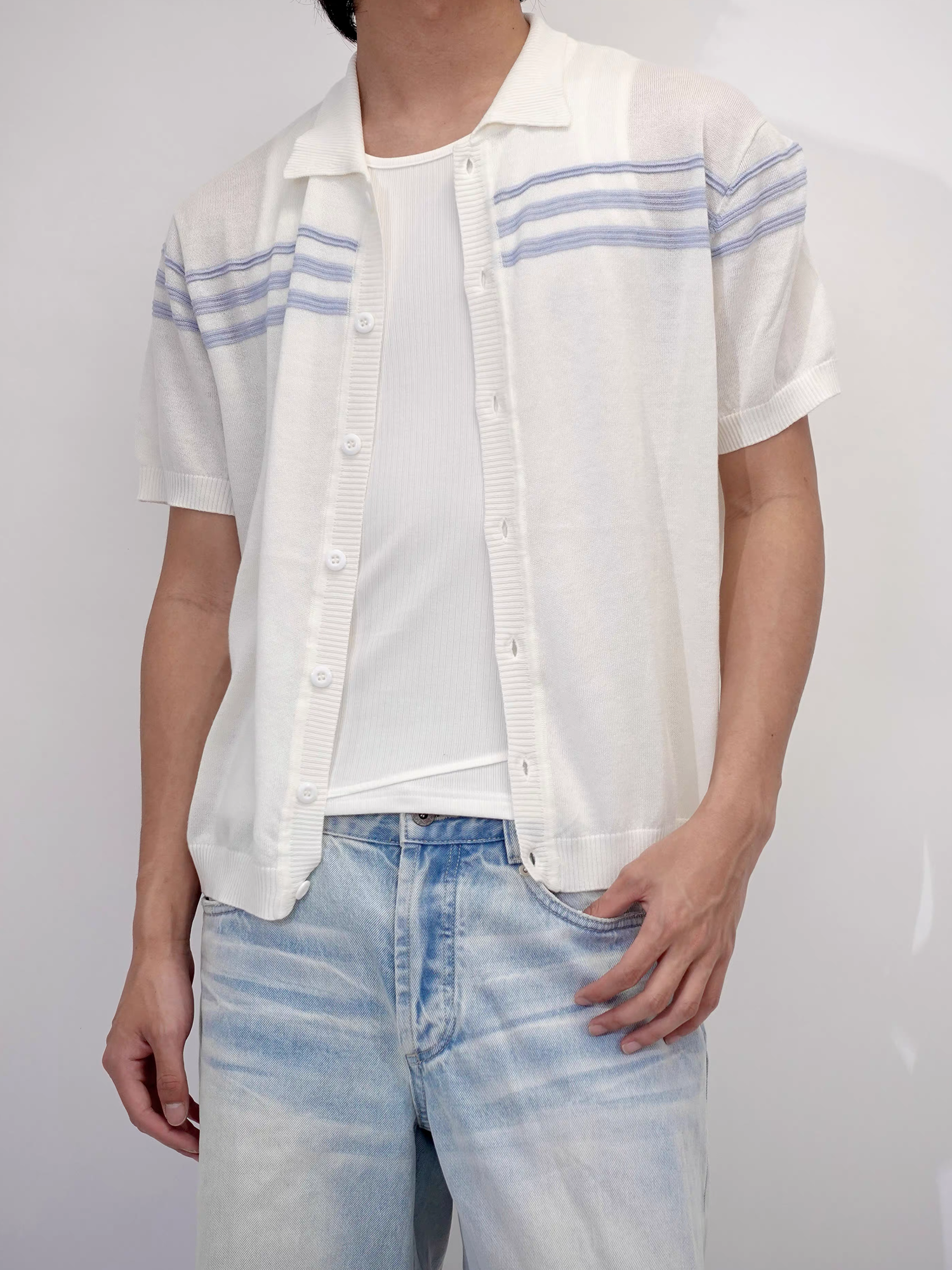 IN EXISTENCE Jacquard-Trim Wool-Blend Knit Half Shirt, premium urban and streetwear designers apparel on PROJECTISR.com, IN EXISTENCE