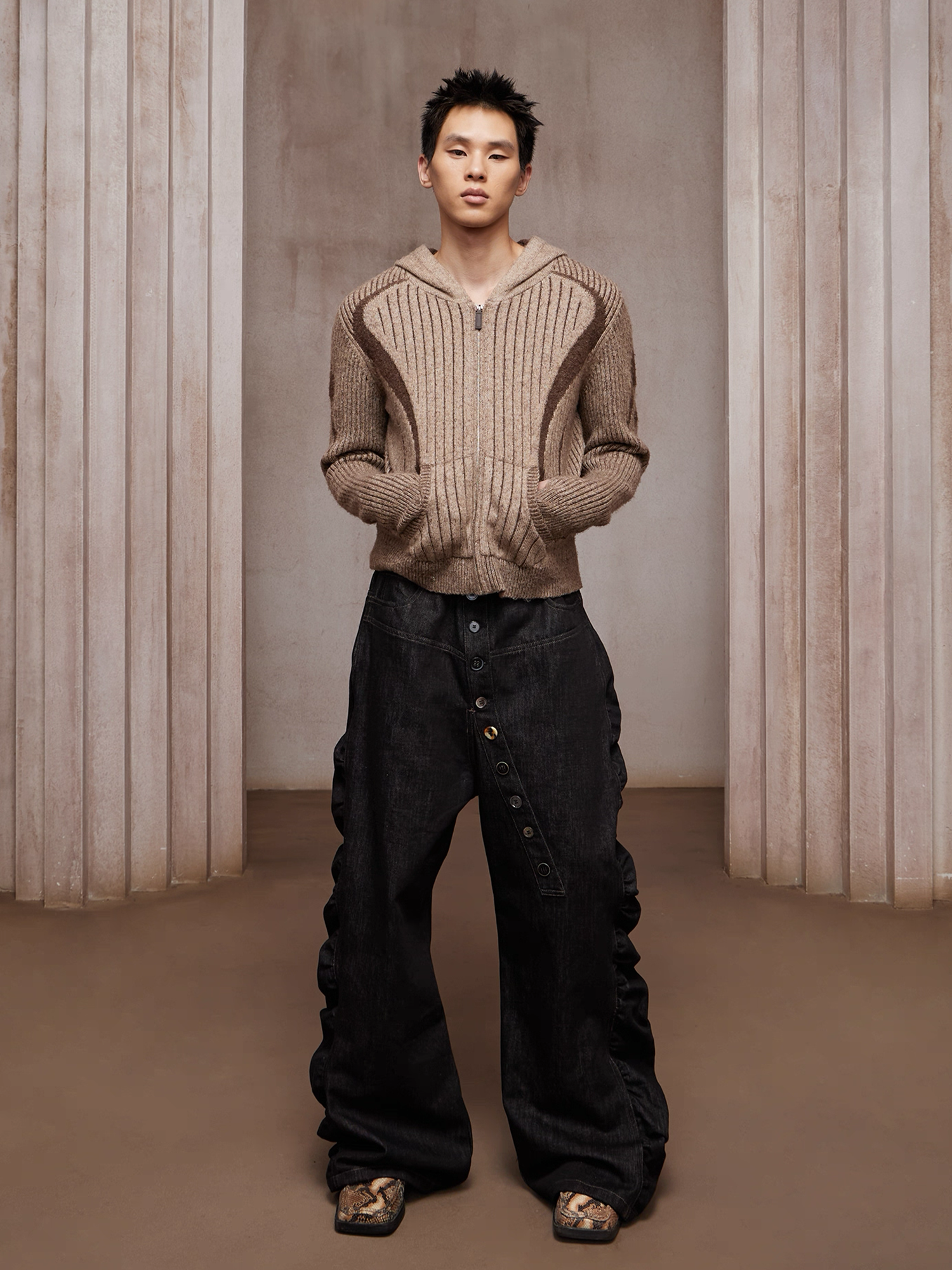 DND4DES Asym Button-Fly Ruched Baggy Jeans