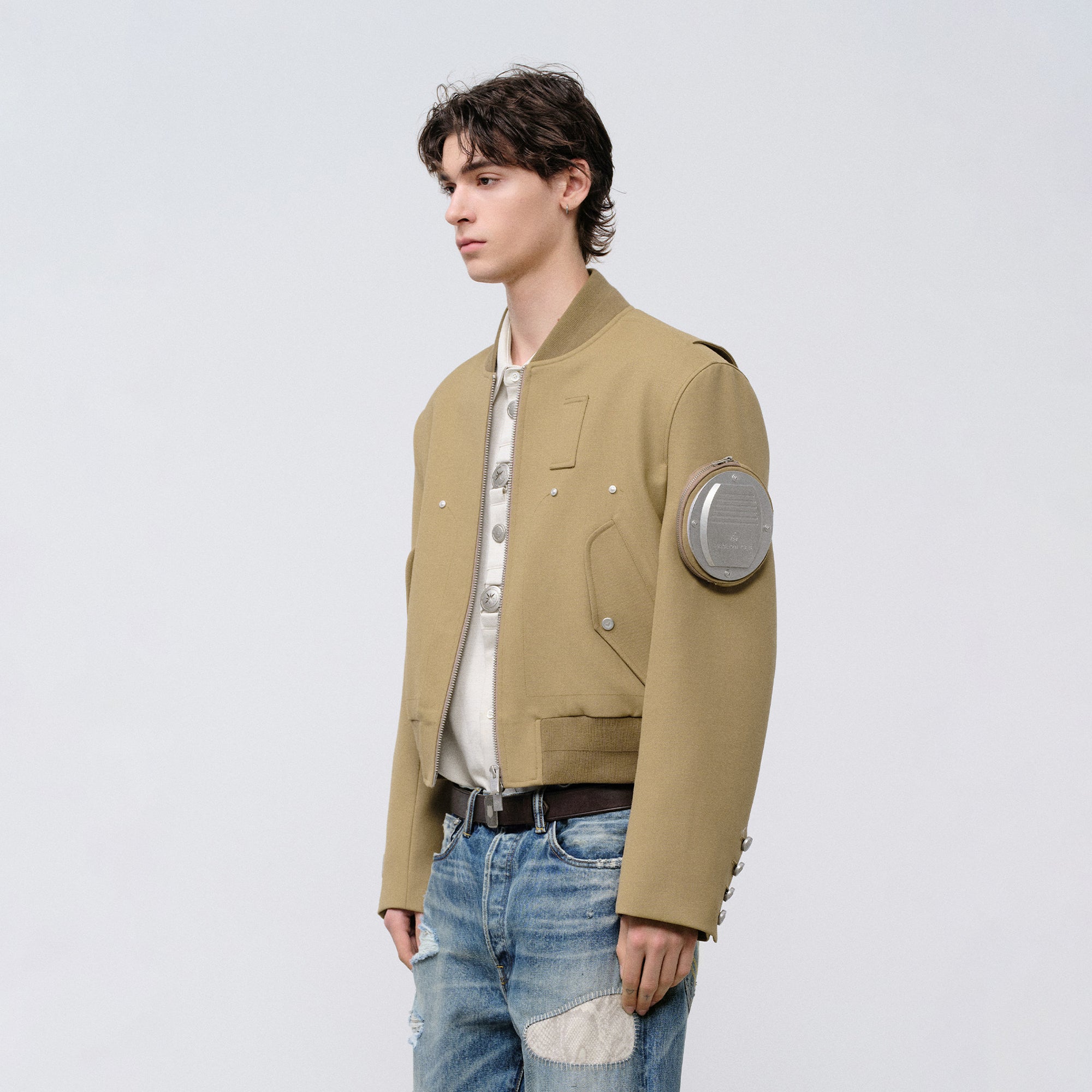 FACEONLAB Arm-Patched Bomber Jacket Khaki, premium urban and streetwear designers apparel on PROJECTISR.com, FACEONLAB