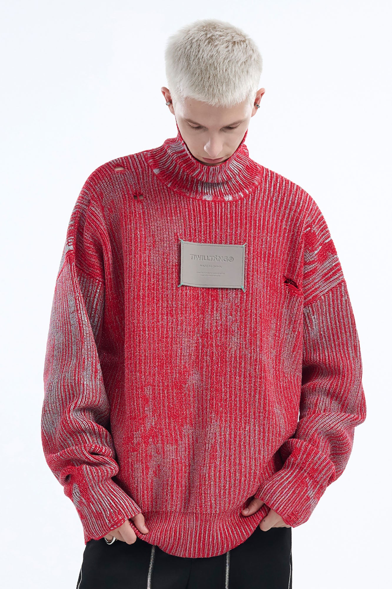 TIWILLTANG Distressed Foil High-Neck Sweater