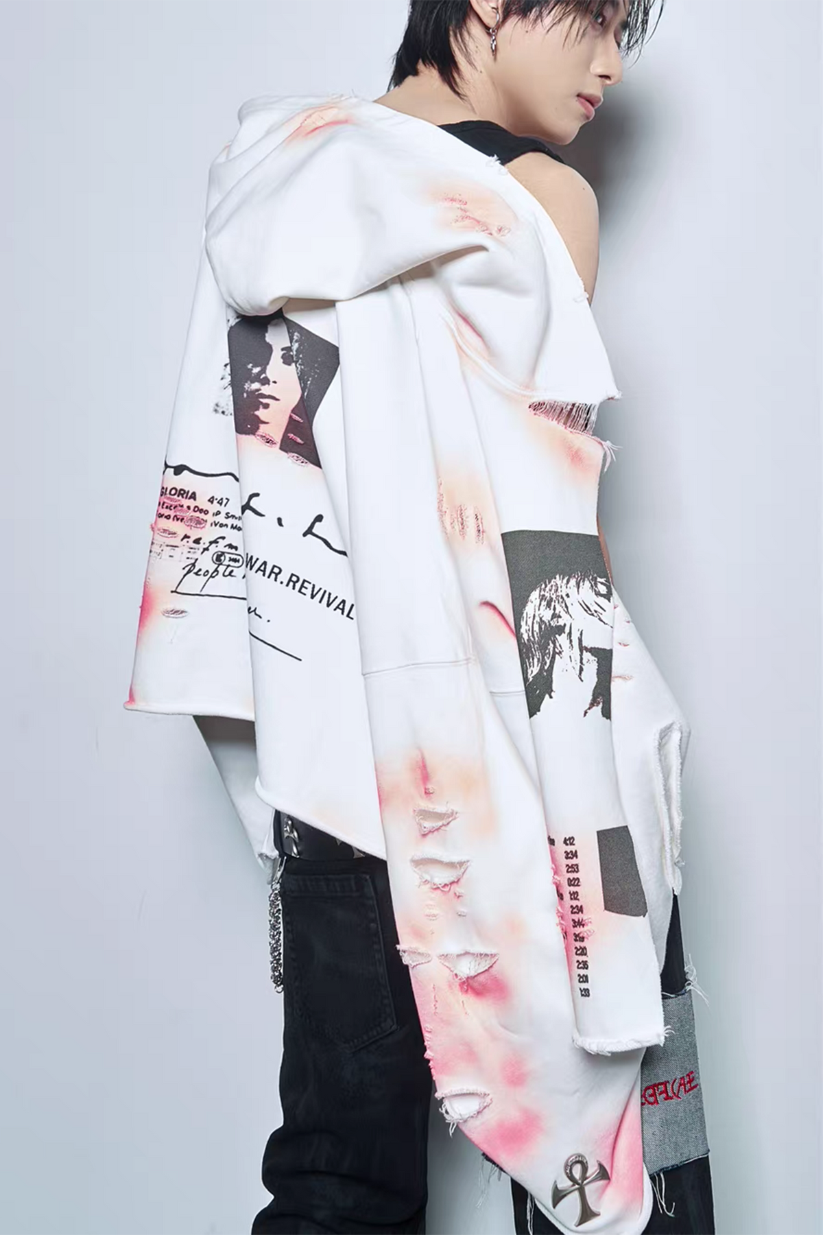 ANTI WAR REVIVAL Distressed Splatter-Print Oversized Zip-Up Hoodie