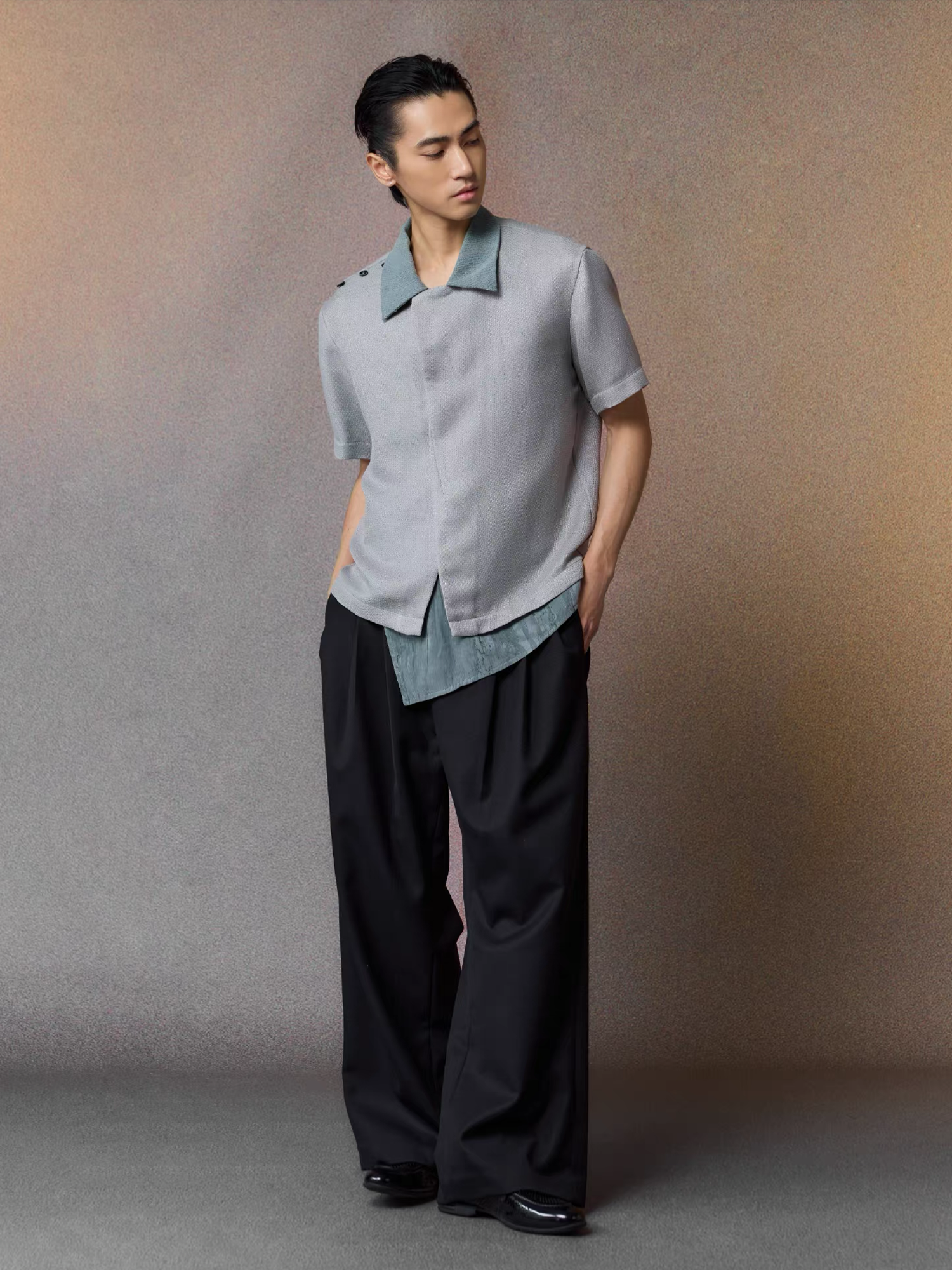 ALVNG AR ANTS Asymmetrical Contrast Spliced Linen Half Shirt, premium urban and streetwear designers apparel on PROJECTISR.com, ALVNG AR ANTS