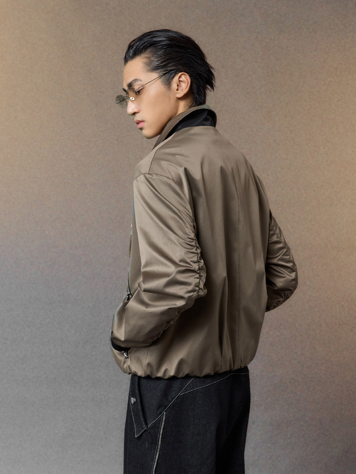 ALVNG AR ANTS Ruched-Sleeve Dual-Zips Bomber Jacket, premium urban and streetwear designers apparel on PROJECTISR.com, ALVNG AR ANTS