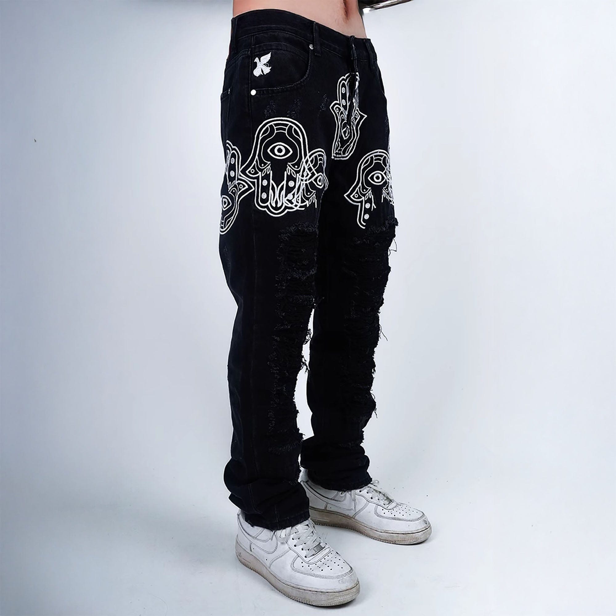 VINKID Hamsa Embroidered Double-Layer Ripped Stacked Jeans, premium urban and streetwear designers apparel on PROJECTISR.com, VINKID