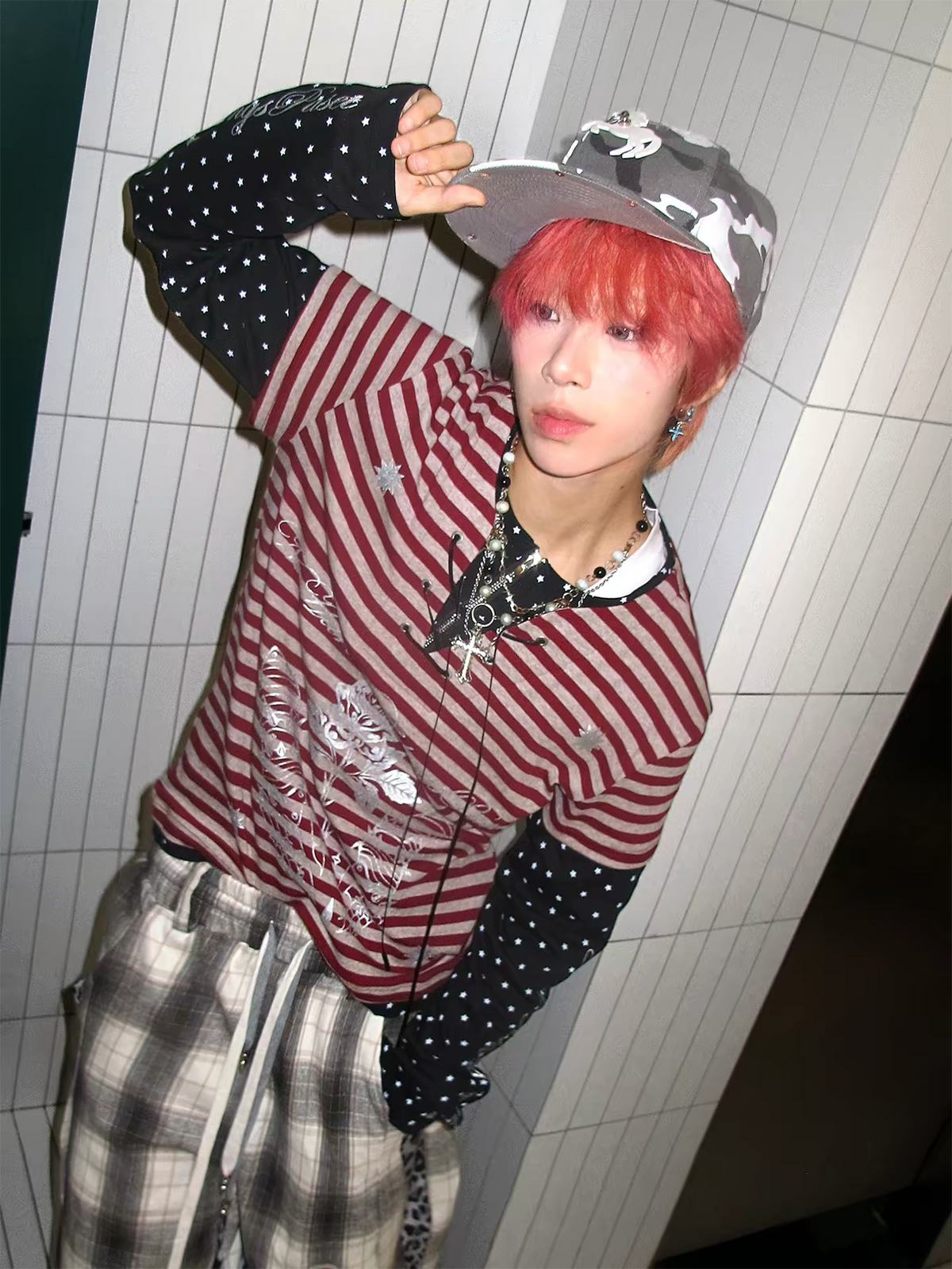 PASET Retro Striped Star Graphic Henley Long-Sleeve Tee