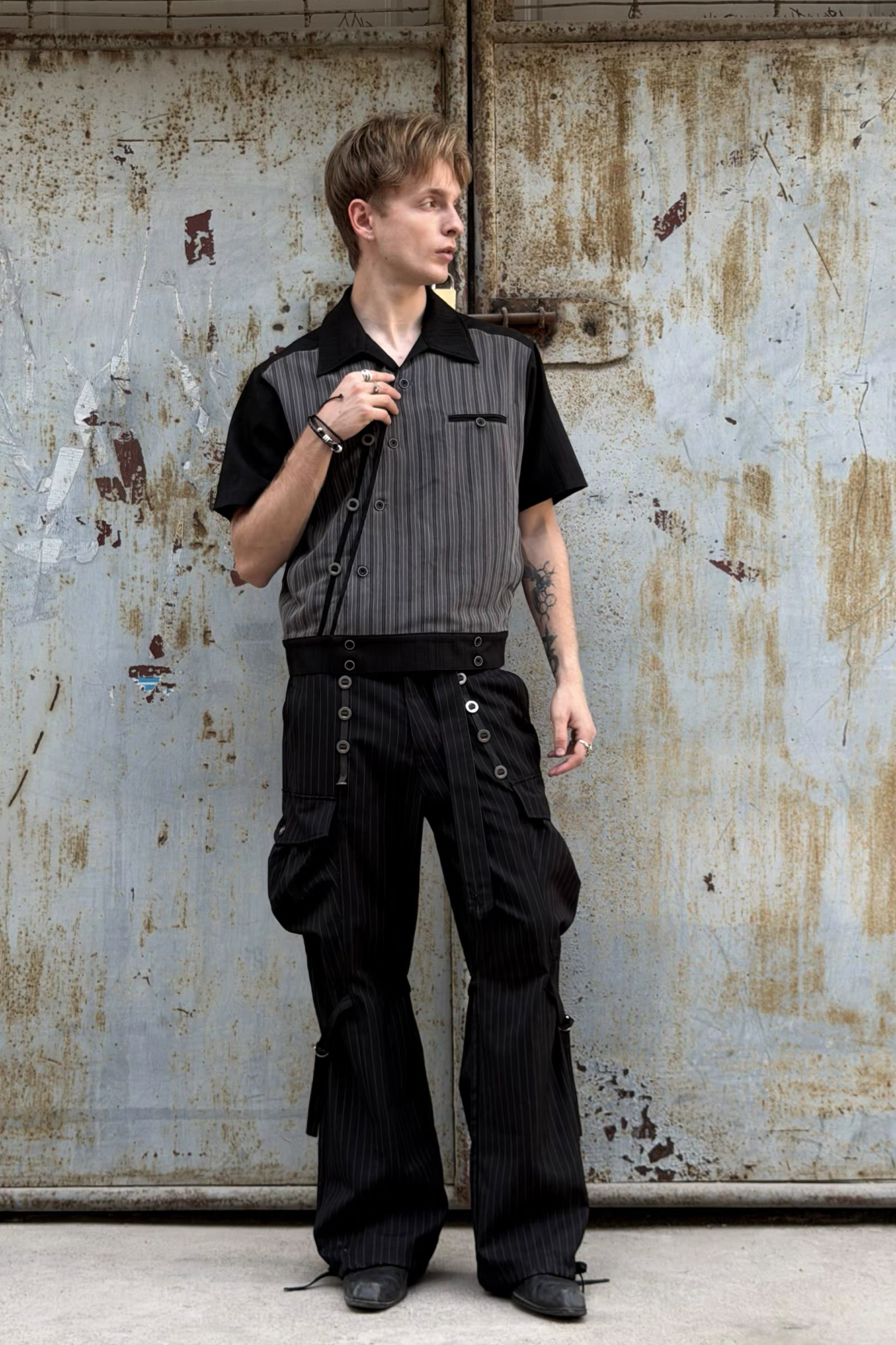 ESAIAS Jacquard Pinstripe Asymmetrical Paneled Half Shirt
