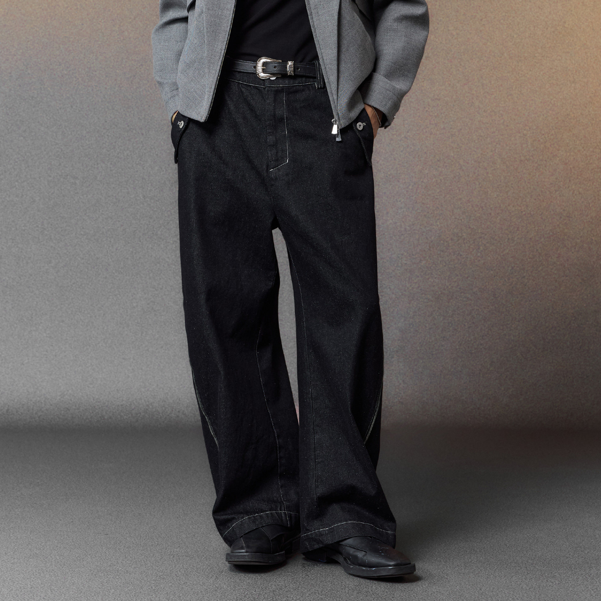 ALVNG AR ANTS Zip-Seam Wide-Leg Denim Trousers, premium urban and streetwear designers apparel on PROJECTISR.com, ALVNG AR ANTS