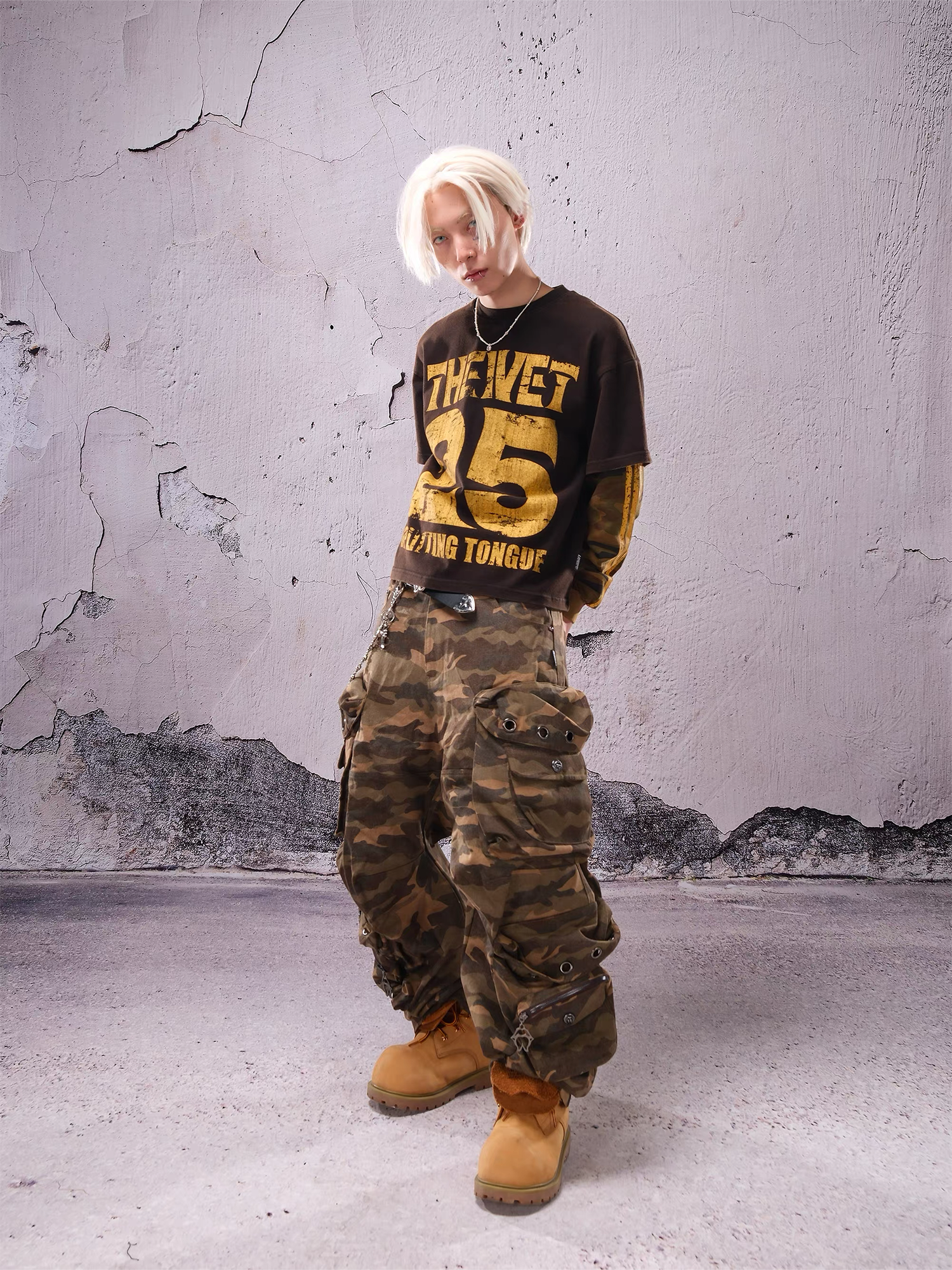 THEWET Camo Washed Layered Long-Sleeve Tee