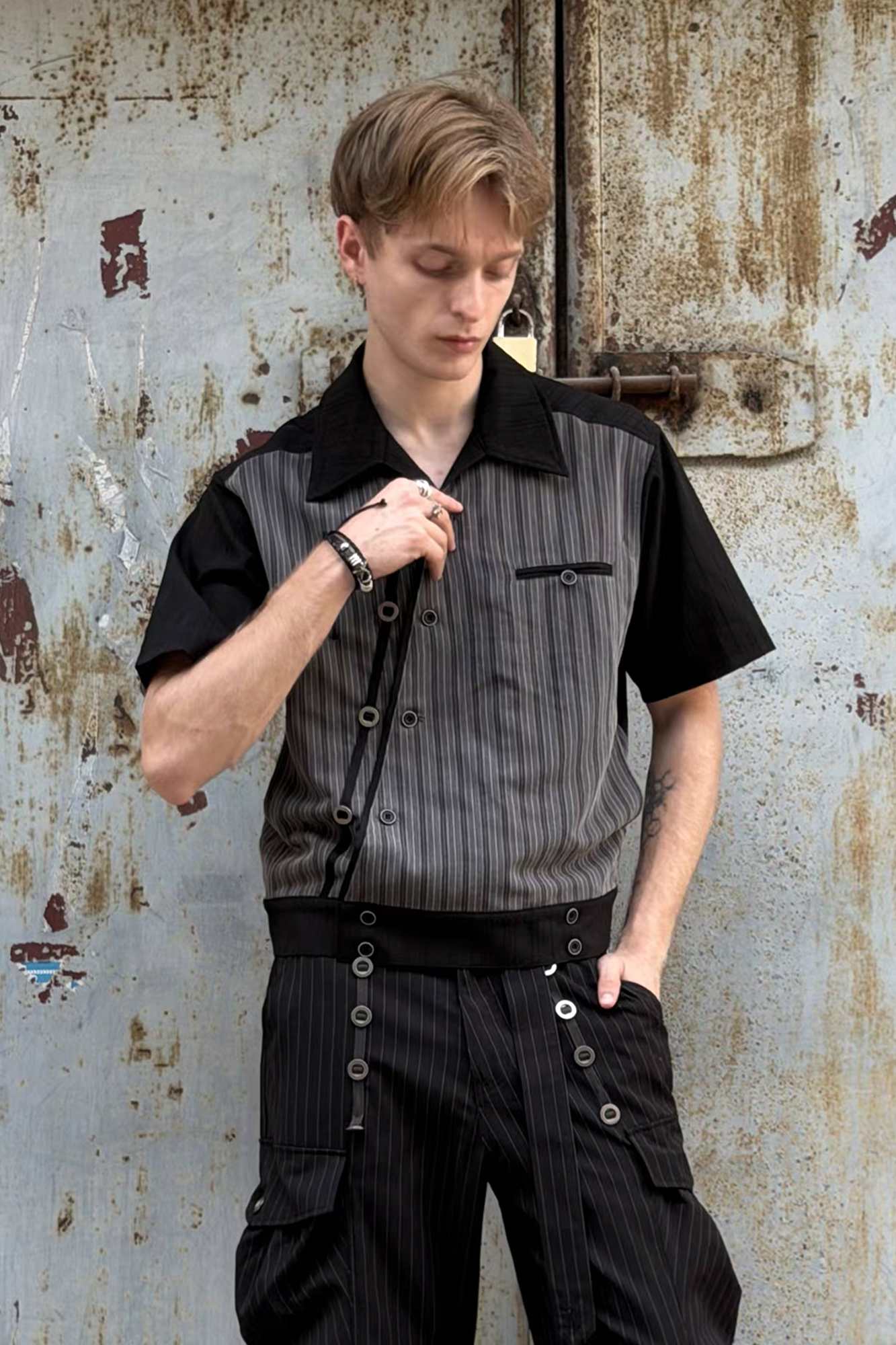 ESAIAS Jacquard Pinstripe Asymmetrical Paneled Half Shirt
