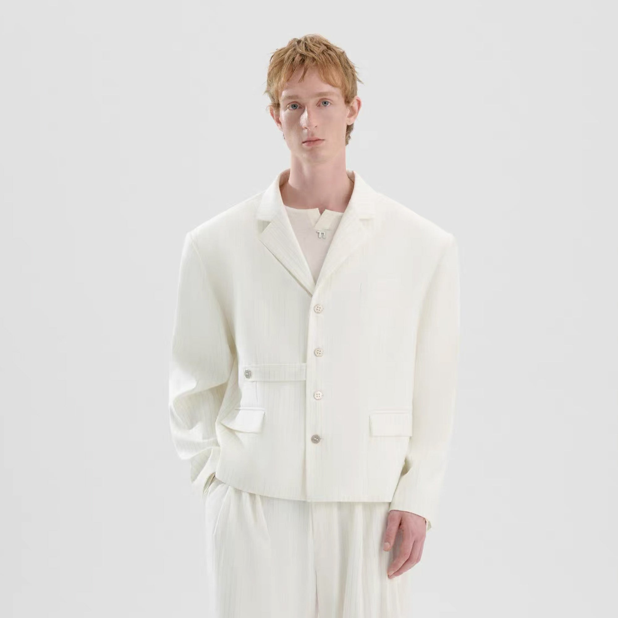 TIWILLTANG Cropped Pinstripe Strap Blazer White/Pink, premium urban and streetwear designers apparel on PROJECTISR.com, TIWILLTANG