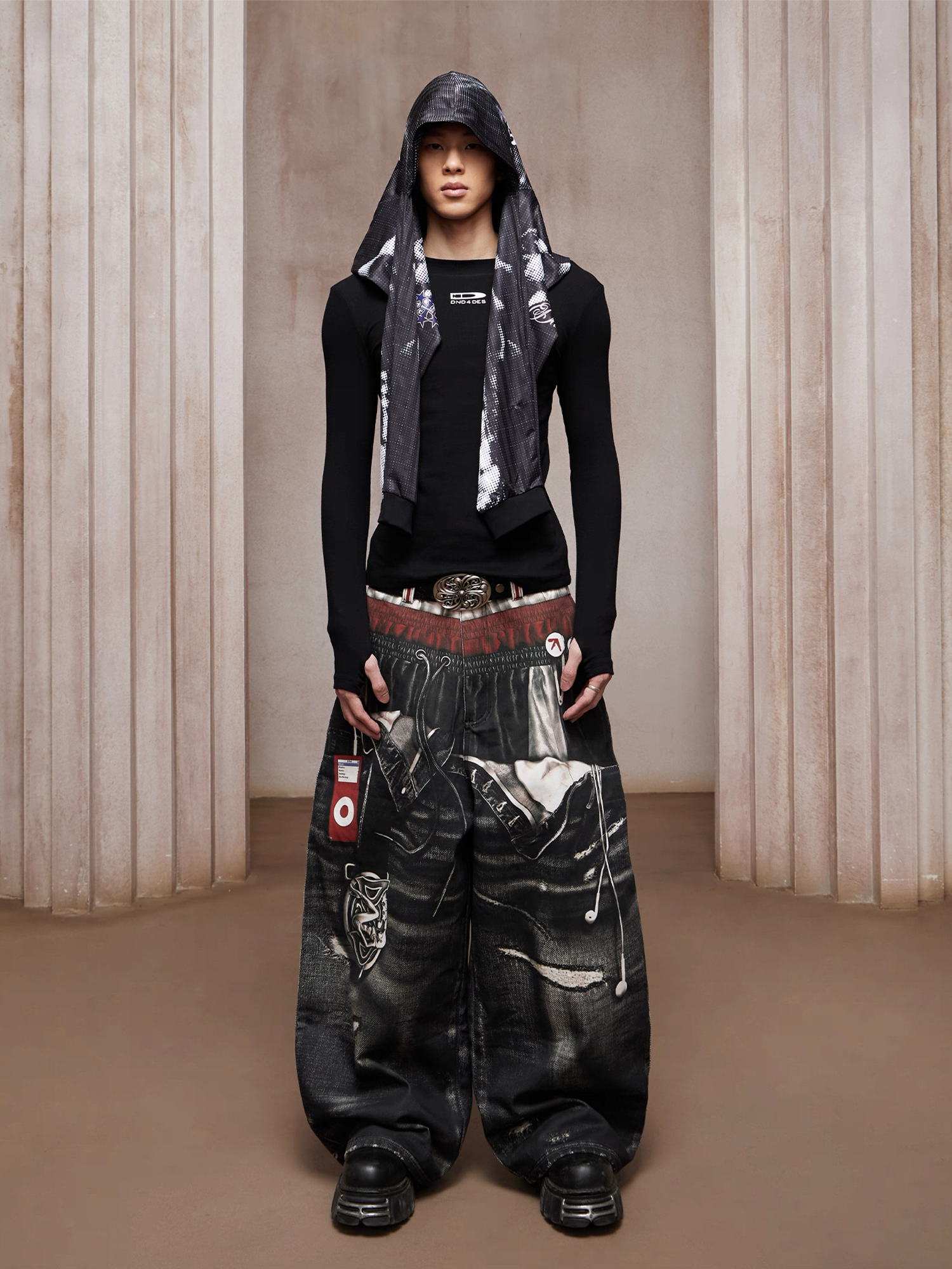 DND4DES Triple-Waist Graphic Wide-Leg Denim Pants