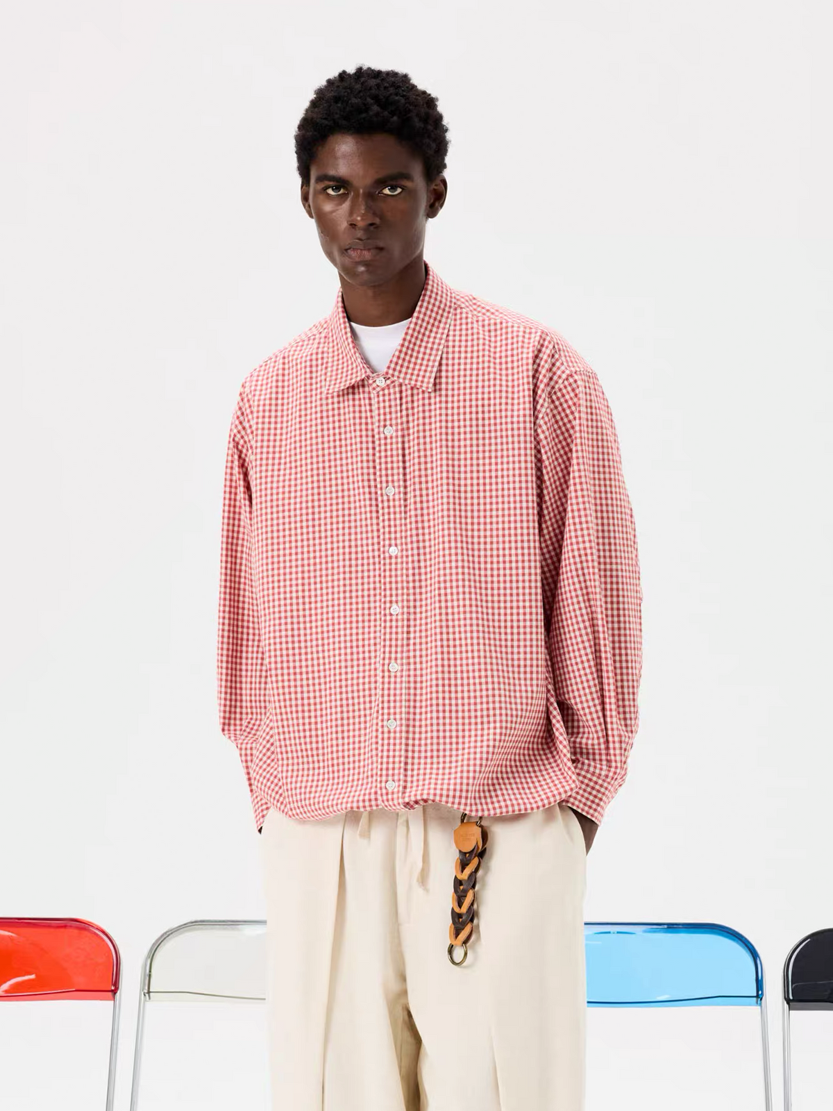 UNLIMITED MOTE Pleated Balloon Drawstring Plaid Long-Sleeve Shirt, premium urban and streetwear designers apparel on PROJECTISR.com, UNLIMITED MOTE