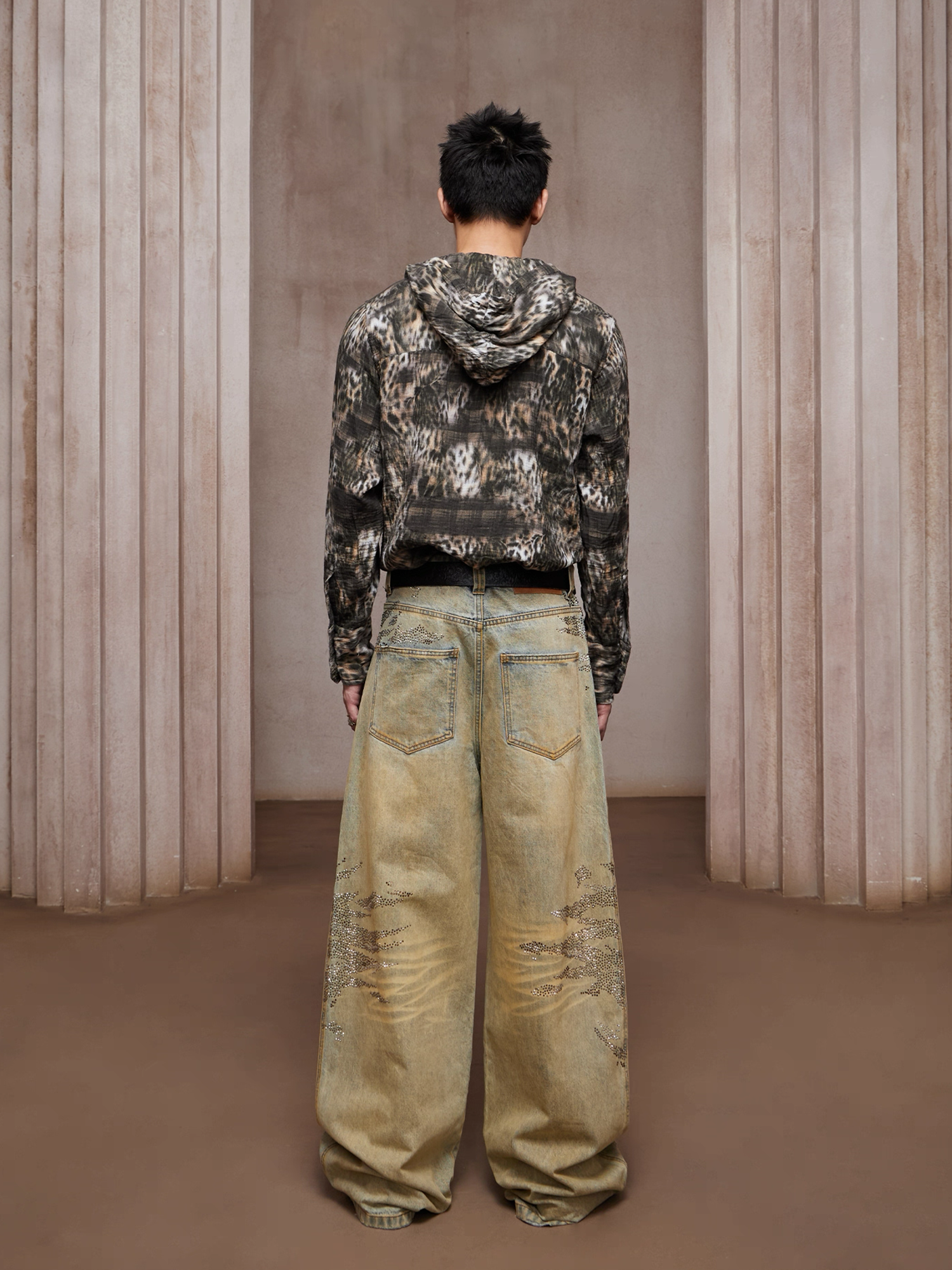 DND4DES Dirty-Washed Diamond Wide-Leg Jeans Yellow