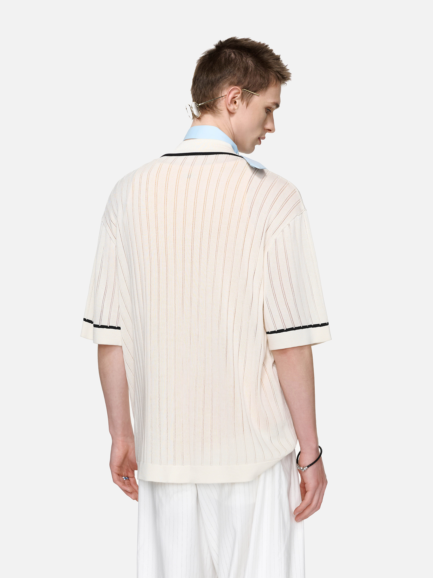 TIWILLTANG Openwork Contrast Trim Zip-Neck Knitted T Shirt