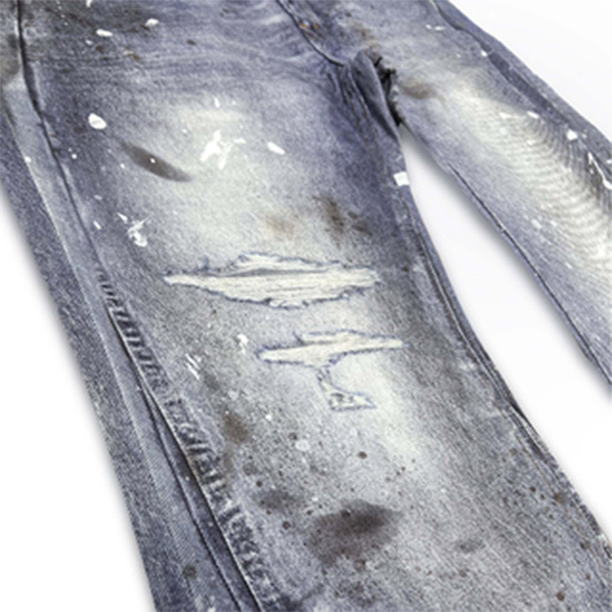 WANNA LAB Distressed Washed Paint-Splattered Flared Jeans